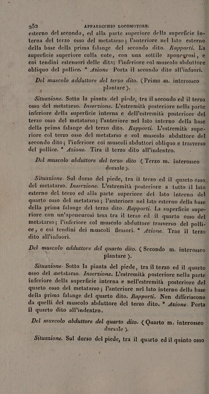 esterno del secondo, ed alla parte superiore della superficie in- terna del terzo osso del metatarso ; l’anteriore nel lato esterno ‘della base della prima falange del secondo dito. Rapporti. La superficie superiore colla cute, con una sottile aponegrosi, e coi tendini estensori delle dita; Vinferiore col muscolo abduttore obliquo del pollice. * Azione Porta il secondo dito all’infuori. Del muscolo adduttore del terzo dito. ( Primo .m. interosseo plantare ). * Situazione. Sotto la pianta del piede, tra il secondo ed il terzo osso del metatarso. Inserzione. L’estremità posteriore nella parte inferiore della superficie interna e dell’estremità posteriore del terzo osso del metatarso; l’anteriore-nel lato interno della base della prima falange del terzo dito. Rapporti. L’estremità supe-. riore col terzo osso del metatarso e col muscolo abduttore del secondo dito; l’inferiore coi muscoli abduttori obliquo e trasverso del pollice. * Azione. Tira il terzo dito all’indentro. Del muscolo abduttore del terzo dito (Terzo m. interosseo dorsale ). Situazione. Sul: dorso del piede, tra il terzo ed il quarto 0ss0. del metatarso. Inserzione. L’estremità posteriore a tutto il lato esterno del terzo ed alla parte superiore del lato interno del quarto osso del metatarso ; l’anteriore nel lato esterno della base della prima falange del terzo dito. Rapporti. La superficie supe- riore con un’aponeurosi tesa tra il terzo ed il quarto osso del metatarso ; l’inferiore col muscolo abduttore trasverso del polli- ce, e coi tendini dei muscoli flessori. * Azione. Trae il terzo dito all'infuori. Del muscolo adduttore del quarto dito. ( Secondo m. interosseo plantare ). Situazione. Sotto la pianta del piede, tra il terzo ed il quarto osso del metatarso. Inserzione. L’estremità posteriore nella parte inferiore della superficie interna e nell’estremità posteriore del quarto osso del metatarso; l’anteriore nel lato interno della base della prima falange del quarto dito. Rapporti. Non differiscono da quelli del muscolo abduttore del terzo dito. * Azione. Porta il quarto dito all’indentro. Del muscolo abduttore del quarto dito. (Quarto m. interosseo dorsale ). Situazione. Sul dorso del piede, tra il quarto ed il quinto 08s0 1)