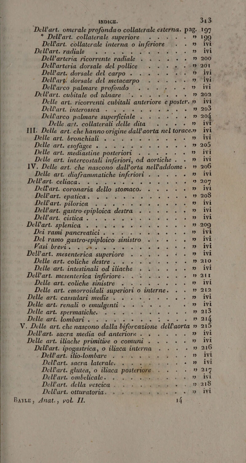 * Dell’art. collaterale superiore . . . . Dell’art. collaterale interna o inferiore . . Dell'arts:radial@ svn aria PRIA» Dell’arteria ricorrente radiale . . . . + Dell’arteria dorsale del pollice . . . » Dell’art. dorsale del carpo +... . è. » © Dell’art: dorsale del metacarpo . . . + Dell'arco palmare profondo ©. . . . - Dell’art. cubitale od ulnare ©. +. +.» Dellart. interossea ° . ° è . . . Ù ; ° Dellarco palmare superficiale . . . . . Delle art. collaterali delle dita. . è» 99 7” kb] Delle art..bronchiali +00 00/004 +. Delle art. esofagee «o. Merita ea Delle art. mediastine posteriori . . . . - Delle art. intercostali inferiori, od aortiche . IV. Delle art. che nascono dall’orta nell'addome Delle art. diaframmatiche inferiori . . . . Dell'artocelincaro sceicco a gle ir Dell'art. coronaria dello stomaco. . . . + Pelb'ortrvepriticai sinafiiana n te a Dell’art. priorica dorate e e Dellart. gastro epiploica destra. . . . . . Mell'arti disticg@ 0. pa lat Dell'art- splenica otonotiana nen + . Dei rami pancreutecivibentop aa Del ramo gastro-epiploico sinistro. . + è» - Fasnbrenia areale ditelo va a Dell’art. mesenterica superiore +». &gt;. 0. è * Delle art. coliche destre. +. . .°. . . + Delle art. intestinali od iliache . . . è. è» Dell’art. mesenterica inferiore: la ia Delle art. coliche sinistre +... . 0. Delle art. emorroidali superiori o interne. . Delle art: cassulari medie . . + LES done Delle art. renali o emulgenti +. +. +. +. . + Delle art. spertmaticheo aoioy Vabiai. +. Delle art. lombari . . . + Dell’art. sacra media od anteriore . « . . + Delle art. iliache primitive o comuni . . . + Dell’art. ipogastrica, o iliaca interna . . + + Dell'art: rlio:lombare: ts ai ci Dell'art. sacra ilatcralep gdr sane.» Dell'art. glutea, o iliaca posteriore. . . . DelPart:-ombelicale ist aa Rc Dellart. della vescica: eden a Dell'drt. ottiratorigi &gt;» sb nani sic tb)