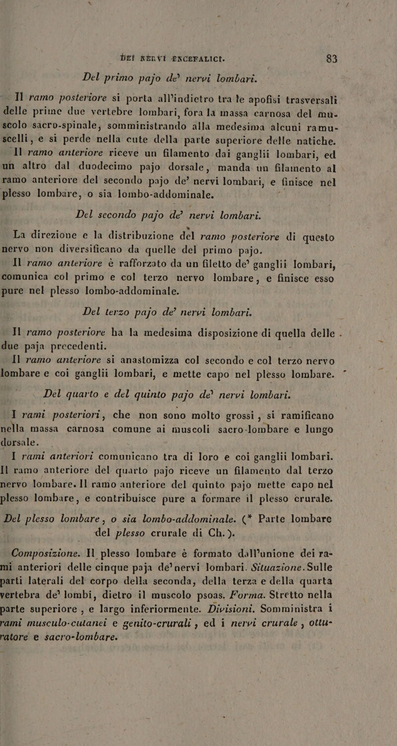 Del primo pajo de nervi lombari. Il ramo posteriore si porta all'indietro tra te apofisi trasversali delle prime due vertebre lombari, fora la massa carnosa del mu- scolo sacro-spinale; sommiristrando alla medesima alcuni ramu- scelli, e sì perde nella cute della parte superiore delle natiche. Il ramo anteriore riceve un filamento dai ganglii lombari, ed un altro dal duodecimo pajo dorsale, manda. un hladlonto al ramo anteriore del secondo pajo de’ nervi lombari, e finisce nel plesso lombare, o sia lombo- edéomi nale: Del secondo pajo de nervi lombari. La direzione e la distribuzione del ramo posteriore di questo nervo non diversificano da quelle del primo pajo. Il ramo anteriore è rafforzato da un filetto de? ganglii lombari, comunica col primo e col terzo nervo lombare, e finisce esso pure nel plesso lombo-addominale. Del terzo pajo de’ nervi lombari. Il ramo posteriore ha la medesima disposizione di quella delle . due paja precedenti. i Il ramo anteriore si anastomizza col secondo e col terzo nervo lombare e coi ganglii lombari, e mette capo nel plesso lombare. Del fapira e del quinto pato de’ nervi lombari. I rami posteriori, che non sono molto grossi, si ramificano nella massa carnosa comune ai muscoli sacro-lombare e lungo dorsale. I rami anteriori comunicano tra di loro e coi ganglii lombari. Il ramo anteriore del quarto pajo riceve un filamento dal terzo nervo lombare. Il ramo anteriore del quinto pajo mette capo nel plesso lombare, e contribuisce pure a formare il plesso crurale. Del plesso lombare, o sia lombo-addominale. (* Parte lombare del plesso crurale di Ch.). Composizione. Il plesso lombate è formato dall'unione dei ra- mi anteriori delle cinque paja de’ nervi lombari. Situazione. Sulle parti laterali del corpo della seconda, della terza e della quarta vertebra de° lombi, dietro il muscolo psoas. Forma. Stretto nella parte superiore , e largo inferiormente. Divisioni. Somministra i rami musculo-cutanci e genito-crurali , ed i nervi crurale , ottu- ratore e sacro-lombare.