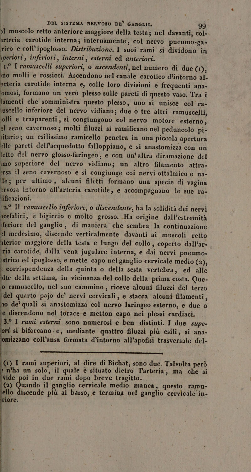 51 muscolo retto anteriore maggiore della testa; nel davanti, col- arteria carotide interna; internamente, col nervo pneumo-ga- i e. coll’ipoglosso. Distribuzione. I suoi rami si dividono in \periori, inferiori, interni, esterni ed anteriori. 1° I ramuscelli superiori, o ascendenti, nel numero di due (1), ìno molli e rossicci. Ascendono nel canale carotico d’intorno al. arteria carotide interna e, colle loro divisioni e frequenti ana- omosi, formano un vero plesso sulle pareti di questo vaso. Tra i lamenti che somministra questo plesso, uno si unisce col ra- fn inferiore del nérvo vidiano; due o tre altri ramuscelli, iolli e trasparenti, si congiungono col nervo motore esterno, el seno cavernoso; molti filuzzi si ramificano nel peduncolo pi- \itario; un esilissimo ramicello penetra in una piccola apertura elle pareti dell’acquedotto falloppiano, e si anastomizza con un letto del nervo glosso-faringeo, e con un’altra diramazione del imo superiore del nervo vidiano; un altro filamento attra- &gt;rsa il seno cavernoso e si congiunge coi nervi ottalmico e na- le; per ultimo, alcuni filetti formano una specie di vagina ®rvosa intorno all’arteria carotide, e accompagnano le sue ra- ‘ificazioni. 120 Il ramuscello inferiore, o discendente, ha la solidità dei nervi ncefalici, è bigiccio e molto grosso. Ha origine dall’estremità feriore del ganglio, di maniera che sembra la continuazione 3I medesimo, discende verticalmente davanti ai muscoli retto aterior maggiore della testa e lungo del collo, coperto dall’ar- ria carotide, dalla vena jugulare interna, e dai nervi pneumo- strico ed ipoglosso, e mette capo nel ganglio cervicale medio (2), corrispondenza della quinta o della sesta vertebra, ed alle Ite della settima, in vicinanza del collo della prima costa. Que- ‘o ramuscello, nel suo cammino, riceve alcuni filuzzi del terzo idel quarto pajo de? nervi cervicali, e stacca alcuni filamenti, no de’ quali si anastomizza col nervo laringeo esterno, e due o ‘e discendono nel torace e metton capo nei plessi cardiaci, 13.° I rami esterni sono numerosi e ben distinti. I due supe- ‘orî si biforcano. e, mediante quattro filuzzi più esili, si ana- \omizzano coll’ansa formata d’intorno all’apofisi trasversale del- _—r—r—r—————r—r_————»m___——&gt;——— (1) I rami superiori, al dire di Bichat, sono due. Talvolta però * n'ha un solo, il quale è situato dietro l’arteria, ma che si ‘vide poi in due rami dopo breve tragitto. (2) Quando il ganglio cervicale medio manca, questo ramu- lello discende più al basso, e termina ne! ganglio cervicale in-