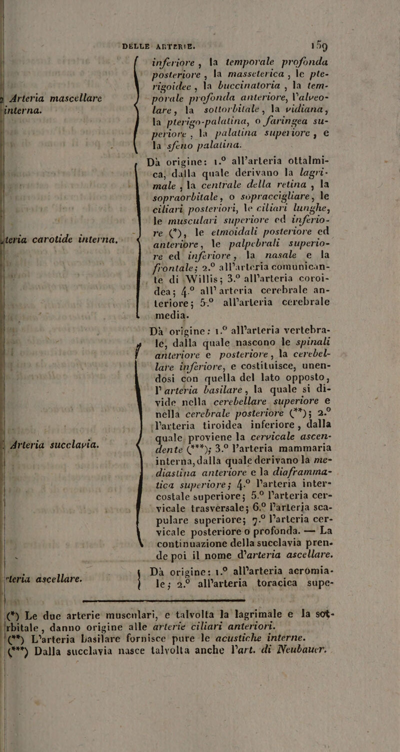 inferiore , \a temporale profonda posteriore , la masseterica , le pte- * | rigoidee , la buccinatoria , la tem- Arteria mascellare porale profonda anteriore, V'alveo- nterna. lare, \a sottorbitale, la vidiana, sd la pterigo-palatina, o faringea su- periore , la palatina superiore , € - la ‘sfeno palatina. Dì origine: 1.° all’arteria ottalmi- ca; dalla quale derivano la lagri. male ; la centrale della retina , la sopraorbitale, o sopraccigliare, le ciliari posteriori, \e ciliari lunghe, i le musculari superiore ed inferio- -] re (*), le etmoidali posteriore ed anteriore, le palpebrali superio- re ed inferiore, la nasale e la frontale; 2.° alVarteria comunican- ; te di Willis; 3.° all’arteria coroi- dea; 4.° all’arteria cerebrale an- eria carotide interna, ti teriore; 5-° all’arteria cerebrale media. he; i Dà'origine: 1.° all’arteria vertebra- ‘le, dalla quale nascono le spinali f anteriore e posteriore, la cerebel- lare inferiore, e costituisce, unen- dosi con quella del lato opposto, $ Varteria basilare, la quale si di- vide nella ceredellare. superiore e nella cerebrale posteriore (*); 2.° i il’arteria tiroidea inferiore, dalla i. 4 è uale. proviene la cervicale ascen- 1 ia succlavia. rat N 3. P’arteria mammaria interna, dalla quale derivano la me- diastina anteriore e la diaframma- tica superiore; 4° Varteria inter- costale superiore; 5.° l’arteria cer- sat 3 . # vicale trasversale; 6.° l’arteria sca- pulare superiore; 7.° l’arteria cer- vicale posteriore o profonda. — La continuazione della succlavia pren. &gt; de poi il nome d’arteria ascellare. ' A D: . . . i 9 ia Ò . a) Mia ascellare: A origine: 1.° all’arteria acromia le; 2.° all’arteria toracica supe- 15 | (&amp;®) Le due arterie musculari, e talvolta la lagrimale e la sot- bitale, danno origine alle arterie ciliari anteriori. (** L’arteria basilare fornisce pure le acustiche interne. \(®**) Dalla succlavia nasce talvolta anche l’art. di Neudauer. | )