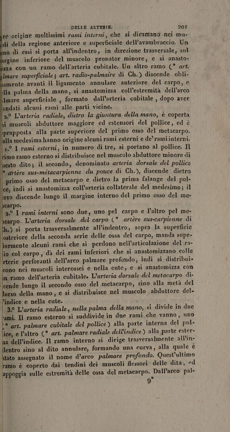 pe origine moltissimi rami interni, che si diramano nei mu- li della regione anteriore e superficiale dell’avambraccio. Un o di essi si porta all’indentro, in direzione trasversale, sul rgine inferiore del muscolo pronator minore, e si anasto- izza con un ramo dell'arteria cubitale. Un altro ramo (* art. Imare superficiale ; art. radio-palmaire di Ch.) discende obli- amente avanti il ligamento annulare anteriore del carpo, e lla palma della mano, si anastomizza coll’estremità dell’arco Imare superficiale , formato dall’arteria cubitale , dopo aver andati alcuni rami alle parti vicine. 5.9 L’arteria radiale, dietro la giuntura della mano, è coperta i muscoli abduttore maggiore ed estensori del pollice, ed è jprapposta alla parte superiore del primo osso del metacarpo. alla medesima hanno origine alcuni rami esterni e de’ ramiinterni. 1.0 I rami esterni, in numero di tre, si portano al pollice. Il rimo ramo esterno si distribuisce nel muscolo abduttore minore di nesto dito; il secondo, denominato arteria dorsale del pollice * drière sus-métacarpienne du pouce di Ch.), discende dietro primo osso del metacarpo e dietro la prima falange del. pol- ce, indi si anastomizza coll’arteria collaterale del medesimo; il srzo discende lungo il margine interno del primo osso del me- carpo. 2° I rami interni sono due, uno pel carpo e Paltro pel me- carpo. L’arteria dorsale del carpo (* artère sus-carpienne di ih.) si porta trasversalmente all’indentro, sopra la superficie ‘osteriore della seconda serie delle ossa del carpo, manda supe- iormente alcuni rami che si. perdono nell’articolazione del .ra- io col carpo, dà dei rami inferiori che sì anastomizzano colle rterie perforanti dell'arco palmare profondo, indi si distribui- ‘cono nei muscoli interossei e nella cute, e si anastomizza con \n ramo dell'arteria cubitale. L’arteria dorsale del metacarpo di- ‘cende lungo il secondo osso del metacarpo, sino alla metà del torso della mano, e si distribuisce nel muscolo abduttore del» indice e nella cute. 30 L’arteria radiale, nella palma della mano, si divide in due ‘ami, Il ramo esterno si suddivide in due rami che vanno, uno ‘* art. palmare cubitale del pollice ) alla parte interna del pol- lice, e l’altro (* art. palmare radiale dell'indice) alla parte ester- na dell'indice. Il ramo interno si dirige trasversalmente all’in- Li sino al dito annulare, formando una curva, alla quale è tato assegnato il nome d’arco palmare profondo. Quest'ultimo ramo è coperto dai tendini dei muscoli flessori delle dita, ed ‘appoggia sulle estremità delle ossa del metacarpo. Dall’arco pal- 9°