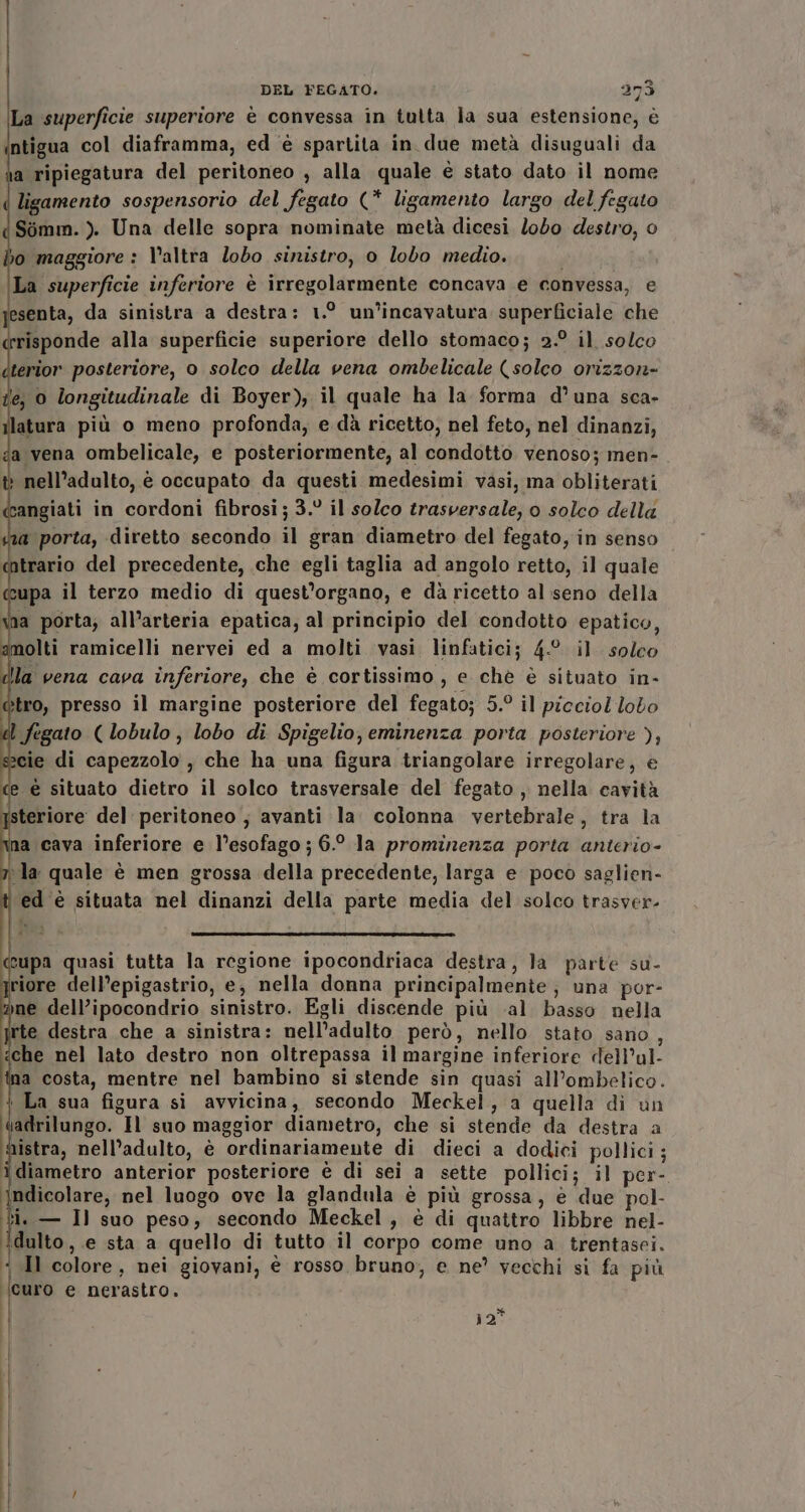 d DEL FEGATO. 273 La superficie superiore è convessa in tulta la sua estensione, è ntigua col diaframma, ed è spartita in due metà disuguali da a ripiegatura del peritoneo , alla quale è stato dato il nome ligamento sospensorio del fegato (* ligamento largo del fegato Simm. ). Una delle sopra nominate metà dicesi lobo destro, 0 o maggiore : V’altra lobo sinistro, 0 lobo medio. La superficie inferiore è irregolarmente concava e convessa, e esenta, da sinistra a destra: 1.° un’incavatura superficiale che rrisponde alla superficie superiore dello stomaco; 2.° il solco dterior posteriore, o solco della vena ombelicale (solco orizzon- le, 0 longitudinale di Boyer), il quale ha la forma d’una sca. atura più o meno profonda, e dà ricetto, nel feto, nel dinanzi, da vena ombelicale, e posteriormente, al condotto venoso; men- t: nell’adulto, è occupato da questi medesimi vasi, ma obliterati cangiati in cordoni fibrosi; 3. il solco trasversale, o solco della a porta, diretto secondo il gran diametro del fegato, in senso ntrario del precedente, che egli taglia ad angolo retto, il quale upa il terzo medio di quest’organo, e dà ricetto al seno della i porta; all’arteria epatica, al principio del condotto epatico, nolti ramicelli nervei ed a molti vasi linfatici; 4.-° il. solco lla vena cava inferiore, che è cortissimo , e chè è situato in- tro, presso il margine posteriore del fegato; 5.° il picciol loto tl fegato ( lobulo, lobo di Spigelio, eminenza porta posteriore ), cie di capezzolo , che ha una figura triangolare irregolare, e ce è situato dietro il solco trasversale del fegato , nella cavità teriore del peritoneo ; avanti la. colonna vertebrale, tra la na cava inferiore e l’esofago ; 6.° la prominenza porta anterio- :la quale è men grossa della precedente, larga e poco saglien- ed è situata nel dinanzi della parte media del solco trasver- (=) cupa quasi tutta la regione ipocondriaca destra, la parte su- riore dell’epigastrio, e, nella donna principalmente, una por- ne dell’ipocondrio sinistro. Egli discende più ‘al basso nella rte destra che a sinistra: nell’adulto però, nello stato sano, che nel lato destro non oltrepassa il margine inferiore dell’ul- a costa, mentre nel bambino si stende sin quasi all'ombelico. : La sua figura si avvicina, secondo Meckel, a quella di un adrilungo. Il suo maggior diametro, che si stende da destra a nistra, nell’adulto, è ordinariamente di dieci a dodici pollici; diametro anterior posteriore è di sei a sette pollici; il per- ndicolare, nel luogo ove la glandula è più grossa, è due pol- ti. — Il suo peso; secondo Meckel, è di quattro libbre nel- dulto, e sta a quello di tutto il corpo come uno a trentasei. Il colore, nei giovani, è rosso bruno, e ne? vecchi si fa più curo e nerastro. x 12