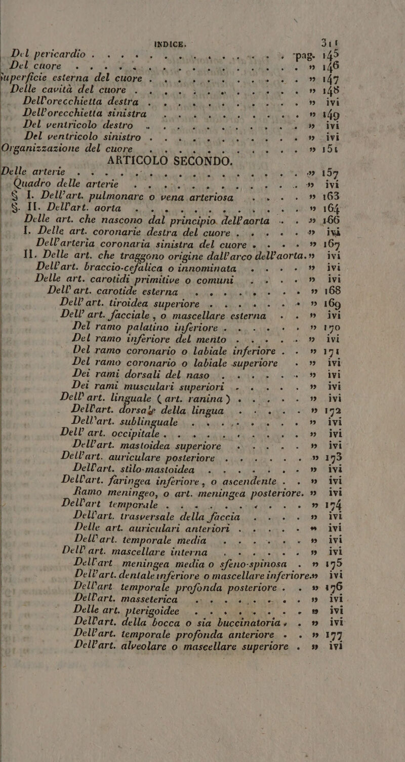 | Del change Dekpericardio. i Ri ri pag pt è suol ter reato hl &gt; FRATI uperficie esterna del cuore £ . . +. sv «veri + Dete-cavitaldel.cnope 0 ill n le tip diell'oregcluetta destra zi. “ignara ce ii, diellorpechietta \mrastra i è area DI i CR I el. ventricolo: destro. Lil. arie Vinti ca 9 | Del ventricolo sinistro «T.li cane Organizzazione del cuore... ... ... ii | ARTICOLO SECONDO. SPERO La RR Aida rea Recioto 8 stai pie E, inadro, delle.arterie a iu irta Sd ec $ I. Dell’art. pulmonare o vena arteriosa . ... . . » Sigle, Mell'arpi.@oria: pula e A Delle art. che nascono dal principio. dell'aorta .. . I. Delle art. coronarie destra del cuore .. . . . . ® Dell’arteria coronaria sinistra del cuore + + 99 | I Dell’art. braccio-cefalica o innominata . . | PRIA, Delle art. carotidi primitive o comuni. . &gt;. . +. » Dell'art. carotide. esterna. vu.o. viari Dell’ art. tiroidea superiore . . .. +. . a » Dell’ art. facciale, o mascellare esterna. . . » Del ramo palatino inferiore. . . . +. » | Del ramo inferiore del mento +... . . » I Del ramo coronario o labiale inferiore . . » | Del ramo coronario o labiale superiore » » Dei rami dorsali del naso |... . . «+ » Dei rami musculari superiori . . . . ” Dell art. linguale (art. ranina) +... . . » | . Dell’art. dorsale della lingua ... «0. . Dell’art. sublinguales; sini gave gu» © Pell'ari prcprialai lr aa 2 Dell’art. mastoidea superiore +... ... . » | Dell’art. auriculare POssertara,:i: carie (e a 183 Dell’art. stilo-mastoidea . . . . ... » | Dell'art. faringea inferiore, o ascendente | } Dell'art temporale . . . tb] È «sla da a IRA Dell’art. trasversale della faccia . . . . » Delle art. auriculari anteriori . . ... . # Dell’art. temporale media... . . . + » Dell’ art. mascellare interna . +. . .... Dell'art. meningea media o sfeno-spinosa . Deltart. dentale inferiore 0 mascellare inferiore» Dell'art. temporale profonda posteriore . . » Dell’art. masseterica «0°. +0. +00. Delle art.. pierigoidee .° + + + Dell'art. della bocca o sia buccinatoria» . » Dell’art. temporale profonda anteriore . . » Dell’art. alveolare o mascellare superiore . »