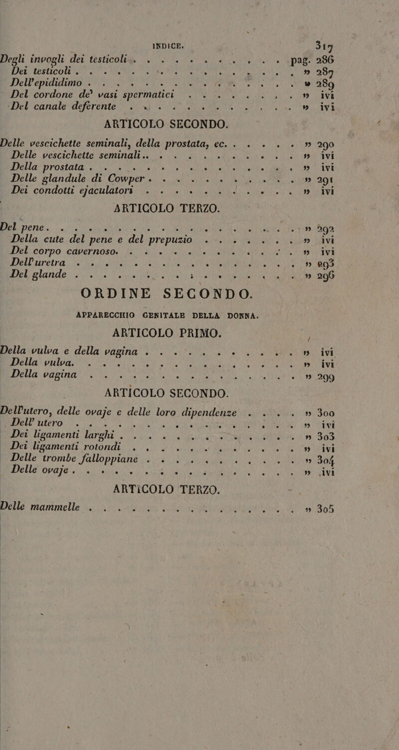 Degli invogli dei testicoli. Dei testicoli . Dell’epididimo . ò Del cordone de’ vasi spermatici Del canale deferente . » ARTICOLO SECONDO. Delle vescichette seminali.. Della prostata . . EE Delle glandule di Cowper . LAZ Dei condotti ejaculatori . 4 ARTICOLO TERZO. Del pene. COTE Della cute del pene e del prepuzio SR Del corpo cavernoso. LA Dell'uretra Pl VERA a LI aa) LI eialarde A I n E Sa dI ARRE ORDINE SECONDO. APPARECCHIO GENITALE DELLA’ DONNA, ARTICOLO PRIMO. Della vulva e della PER SUIS ARRE Della vulva. 5 ; Della vagina ARTICOLO SECONDO. etero, delle ovaje e delle loro PRA . Dell’ utero si è Dei ligamenti larghi ; Dei ligamenti rotondi Delle trombe SREREZA a Delle ovaje . . ARTICOLO TERZO. Delle mammelle . Î | ivi ivi 290 ivi ivi 290 ivi 292 ivi ivi 293 296 ivi ivi 209 300 ivi 303 ivi 304 sivi 305