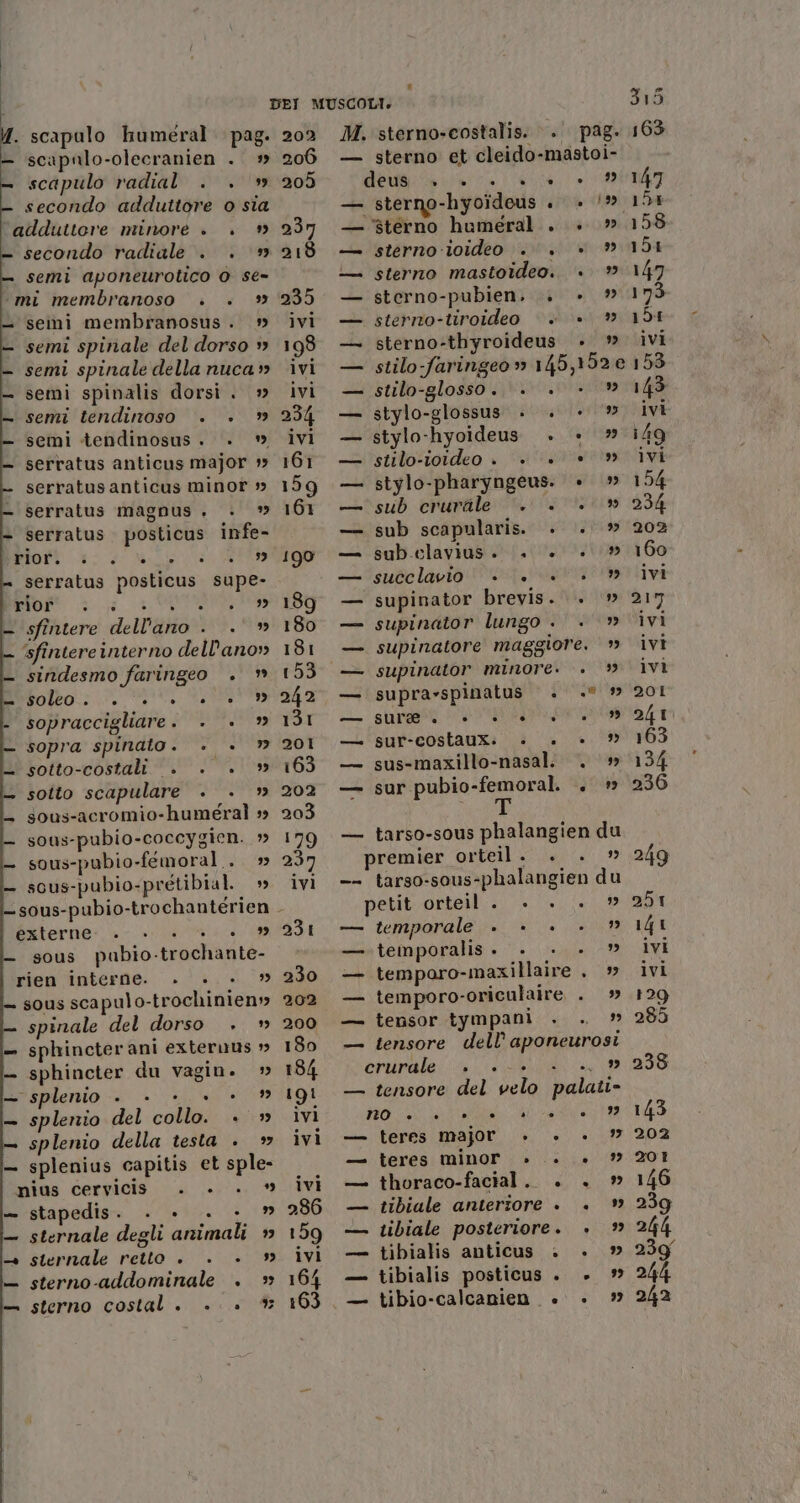 Y. scapulo humeral pag. 202 — scapulo-olecranien . + 206 scapulo radial . . 9 205 : secondo adduttore o sia adduttore minore . . » 237 secondo radiale . . + 218 1 semi aponeurotico 0 se- ‘mi membranoso » . 39 235 — semi membranosus. » ivi semi spinale del dorso + 198 semi spinale della nuca» ivi semi spinalis dorsi. » ivi semi tendinoso ». +. » 234 semi tendinosus. ‘. * ivi serratus anticus major 1» 161 serratus anticus minor » 159 serratus magnus ., . 161 serratus . posticus infe- Morte; die on serratus posticus supe- Or i 1 e 8189 sfintere dell'ano . .' » 180 sfintereinterno dell'ano» 181 sindesmo faringeo . » 153 Bofo: 0, CITA sopraccigliare. . + » 131 sopra spinato. . +. &gt; 201 sotto-costali. . . . &gt; 163 sotto scapulare . . 1 202 sous-acromio-huméral :3 203 sous-pubio-coccygien. » 179 sous-pubio-femoral.. » 237 sous-pubio-pretibial. » ivi sous-pubio-trochantérien - éxterne: .- «004 e (010338 - sous pubio-trochante- rien interne. . . . » 230 -— sous scapulo-trochinien» 202 spinale del dorso . » 200 sphincter ani exteruus » 180 sphincter du vagin. » 184 “splenio . +. +. +. +. » 191 spleriio del collo. + ivi splenio della testa . ivi splenius capitis et sple- pius cervicis . . . * ivi -— stapedis. . . . . » 286 — sternale degli animali » 159 — sternale retto . . +. » ivi — sterno-addominale . &gt; 164 — sterno costal . .. + 9 163 M. sterno-costalis. . pag. — sterno et cleido-mastoi- deus: sin it sterno-hyoideus . + ‘5 ‘sterno humeral.. ». » sterno-ioideo ... +» ” sterno mastoideo.. +. &gt; sterno-pubien. . » stermo-tiroideo |». + » sterno-thyroideus » stilo-faringeo » 145,152e stilo-glosso. \. . + stylo-glossus. . . +» stylo-hyoideus. . + &gt; stilo-iotdeo . +. +. «+ » stylo-pharyngeus. + » sub crurale . +. +» sub scapularis. +... » sub.clavius +. +. +0» succlavio «+... +.” supinator brevis. .. » supinator lungo .. +» supinatore maggiore, supinator minore. . &gt; supra-spinatus . .* » SUIGENO SSL sur-costaux. . . +. ” sus-maxillo-nasal. . » sur pubio-femoral. . » T tarso-sous phalangien du premier orteil. . . -- tarso-sous-phalangien du petit orteil . . . . ” — temporale . . . . ” temporalis . . . . ” temporo-maxillaire . » temporo-oriculaire . » tensor tympani . . ” — tensore dell’ aponeurosi erurale; tei — tensore del velo palati» no + — teres major . è. + — teres minor » .. . ” — thoraco-facial.. . . ” — tibiale anteriore . +. » — tibiale posteriore. ETRE bb bEEFEbbd ER EE . . ° » ° ° 92 97 — tibialis anticus . . » — tibialis posticus . » — tibio-calcanien è ».