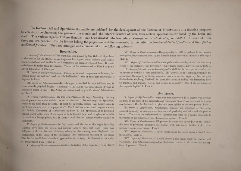 To Doctois Gall and Spurzheim the public are indebted for the development of the doctrine of Phrenology;—a doctrine proposed to elucidate the chaiactei, the passions, the morals, and the interior faculties of man, from certain appearances exhibited by the brain and skull. The vaiious oigans of these faculties have been divided into two orders : Feelings and Understanding^ or Intellect. To each of these Uieie aie t^\o geneia. To the former belong the propensities and the sentiments; to the latter the knowing intellectual faculties.^ and the reflecting intellectual faculties. They are arranged and enumerated in the following order I. Oigan of Amativeness. This organ has been placed by Drs. Gall and Spurzheim at the head of all the others. Man, it appears, has a great brain (cerehrum), and a little brain (cereMlumf and to this latter is attributed the organ of Physical Love. It is said to be larger in males than in females. The Artist has endeavoured in Plate 1 to give a literal delineation of this organ. II. Organ of Philoprogenitiveness.—This organ is most conspicuous in females ; but certain males are said to “ excel in this inclination.” One of these rare individuals is depicted in Plate 1. III. Organ of Inhabitiveness.—To this organ is ascribed, in man, self-love, and, in other animals, physical height. According to Dr. Gall, in this case, what is physical in animals is moral in man! The Artist has endeavoured to give his idea of InhaUtiveness in Plate 2. IV. Organ of Adhesiveness.—By this term Phrenologists imply Friendship ; but they are at present not quite satisfied as to its situation. “ Its seat (says Dr. Spurzheim) seems to me more than probable. It must be inferiorly, because this faculty exists in the lower animals, and is a propensity.” The Artist has endeavoured to give a strong but faithful illustration of Adhesiveness in Plate 2. Dr. Spurzheim, it is presumed, cannot object to this view of the organ, as he is disposed to extend its sphere of activity to inanimate beings, plants, &c.; in short, ‘‘ to all that we possess, whether animate or inanimate.” V. Organ of Combativeness.—Dr. Gall ascertained the seat of this organ by calling together boys from the streets and making them to fight each other. Some were delighted with the Doctor’s kindness; others, on the contrary, were displeased. An examination of the heads of the pugnacious tribe determined the seat of the organ. The Doctor would have abundant opportunities of verifying his observations by a visit to Donnybrook Fair. Plate 2. VI. Organ of Destructiveness.—A familiar illustration of this organ is given in Plate 2. VII. Organ of Constrnctiveness.—The propensity to build is, perhaps, in no instance more perpetually exercised than by the humble insect selected to illustrate this organ. Plate 2. VIII. Organ of Covetivencss.—The metropolis, unfortunately, affords but too many scenes of the exercise of this propensity. An ordinary example may be seen in Plate 4. IX. Organ of Sccretivcness.—According to.Dr. Gall this is the organ of cunning, and its sphere of activity is very considerable. He ascribes to it cunning, prudence, the savoir fairc, the capacity of finding means necessary to succeed, hypocrisy, lies, intrigues, dissimulation, duplicity, falsehood; in poets, the talent of finding out interesting plots for romances and dramatic pieces ; and slyness in animals 1 ” One of the advantages of this organ is depicted in Plate 4. X. Organ of Self-Love.—This organ was first discovered in a beggar, who accused his pride as the cause of his mendicity, and considered himself too important to acquire any business. This faculty is said to give us a great opinion of our own person. Plate 1. XI. Organ of Approbation.—Craniologists consider the possession of this organ essential to society, as exciting other faculties, and producing emulation and the point of honour. The Artist has endeavoured to illustrate this organ in a manner consonant to the wishes of the admirers of the Phrenological system. Plate 5. XII. Organ of Cautiousness.—All persons in whom the iqq^er part of the back of the head is peculiarly developed are blessed with this useful faculty, which is so necessary to our preservation. Plate 6. XIII. Organ of Benevolence.—Timely chastisement has saved many a wretch from the gallows ^ Plate 6. XIV. Organ of Veneration.—Dr. Gall observed this organ chiefiy in persons with bald heads. The Artist has attempted an illustration common to all classes and descrip¬ tions of persons. Plate G.