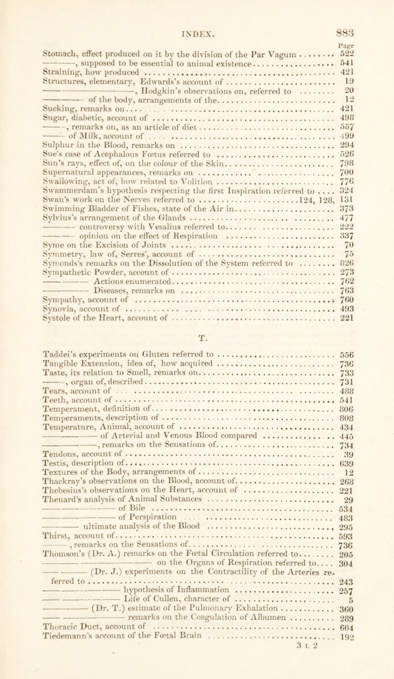 Page Stomach, effect produced on it by the division of the Par Vagum 522 , supposed to be essential to animal existence 541 Straining, how produced 421 Structures, elementary, Edwards’s account of 19 , Hodgkin’s observations on, referred to 20 of the body, arrangements of the 12 Sucking, remarks on. 421 Sugar, diabetic, account of 499 , remarks on, as an article of diet 557 of 3Iilk, account of 4 99 Sulphur in the Blood, remarks on 294 Sue’s case of Acephalous Foetus referred to 526 Sun’s rays, effect of, on the colour of the Skin 799 Supernatural appearances, remarks on 700 Swallowing, act of, how related to Volition 776 Swammerdam’s hypothesis respecting the first Inspiration referred to .... 924 Swan’s work on the Nerves referred to 124, 129, 131 Swimming Bladder of Fishes, state of the Air in 373 Sylvius’s arrangement of the Glands 477 controversy with Vesalius referred to 222 opinion on the effect of Respiration 337 Syme on the Excision of Joints 79 Symmetry, law of, Serres’, account of 75 Symonds’s remarks on the Dissolution of the System referred to 926 Sympathetic Powder, account of 273 Actions enumerated 762 Diseases, remarks on 763 Sympathy, account of 760 Synovia, account of . 493 Systole of the Heart, account of 221 T. Taddei’s experiments on Gluten referred to 556 Tangible Extension, idea of, how acquired 736 Taste, its relation to Smell, remarks on 733 , organ of, described 731 Tears, account of . . • 489 Teeth, account of 541 Temperament, definition of 806 Temperaments, description of 808 Temperature, Animal, account of 434 of Arterial and Venous Blood compared .. 445 , remarks on the Sensations of 734 Tendons, account of 36 Testis, description of 639 Textures of the Body, arrangements of 12 Thackray’s observations on the Blood, account of 268 Thebesius’s observations on the Heart, account of 221 Thenard’s analysis of Animal Substances 29 of Bile 534 of Perspiration ... 433 ultimate analysis of the Blood 295 Thirst, account of , remarks on the Sensations of 736 Thomson’s (Dr. A.) remarks on the Foetal Circulation referred to 205 on the Organs of Respiration referred to.. . . 304 (Dr. J.) experiments on the Contractility of the Arteries re- ferred to 243 hypothesis of Inflammation 257 Life of Cullen, character of 5 (Dr. T.) estimate of the Pulmonary Exhalation 360 remarks on the Coagulation of Albumen 289 Thoracic Duct, account of 604 Tiedemann’s account of the Foetal Brain 132 3 t. 2
