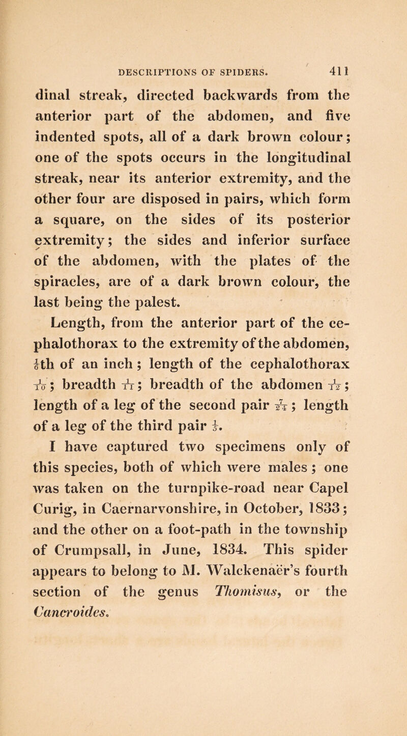 dinal streak, directed backwards from the anterior part of the abdomen, and five indented spots, all of a dark brown colour; one of the spots occurs in the longitudinal streak, near its anterior extremity, and the other four are disposed in pairs, which form a square, on the sides of its posterior extremity; the sides and inferior surface of the abdomen, with the plates of the spiracles, are of a dark brown colour, the last being the palest. Length, from the anterior part of the ce- phalothorax to the extremity of the abdomen, ith of an inch; length of the cephalothorax tV; breadth tV; breadth of the abdomen tV; length of a leg of the second pair -h; length of a leg of the third pair I have captured two specimens only of this species, both of which were males; one was taken on the turnpike-road near Capel Curig, in Caernarvonshire, in October, 1833; and the other on a foot-path in the township of CrumpsalJ, in June, 1834. This spider appears to belong to M. Walckenaer’s fourth section of the genus Thomisusj or the Canoroides.