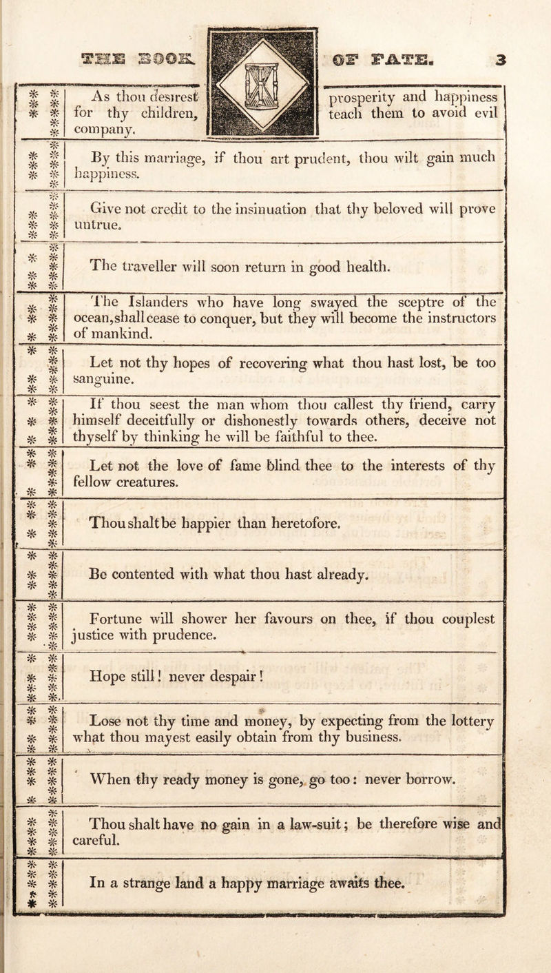 ■j As thou desirest for thy children. or rikTu. prosperity and happiness teach them to avoid evil By this marriage, if thou art prudent, thou wilt gain much happiness. Give not credit to the insinuation that thy beloved will prove untrue. The traveller will soon return in good health. I'he Islanders who have long swayed the sceptre of the ocean, shall cease to conquer, but they will become the instructors of mankind. Let not thy hopes of recovering what thou hast lost, be too sanguine. 't- ^ ^ If thou seest the man whom thou callest thy friend, carry himself deceitfully or dishonestly towards others, deceive not thyself by thinking he will be faithful to thee. Let not the love of fame blind thee to the interests of thy fellow creatures. 1 1 Thoushaltbe happier than heretofore. * ^ « * Be contented with what thou hast already. * ■ Fortune will shower her favours on thee, if thou couplest justice with prudence. «- Hope still! never despair! « Lose not thy time and money, by expecting from the lottery what thou mayest easily obtain from thy business. . J.:. - . . . . . ' ik . When thy ready money is gone, go too: never borrow. Thou shalt have no gain in a law-suit; be therefore wise and careful. * ^ In a strange land a happy marriage awaits thee.