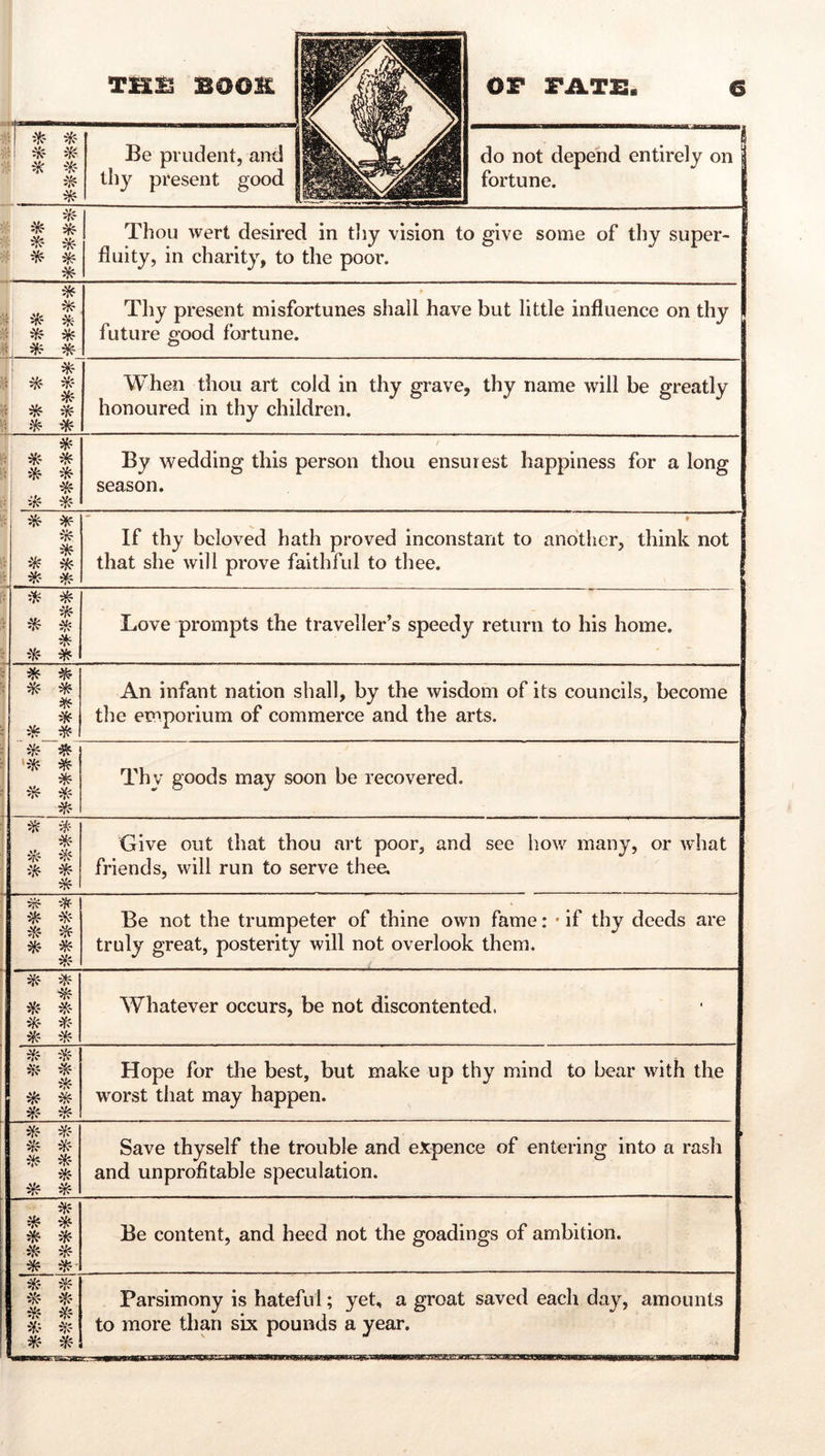 * Be prudent, and do not depend entirely on * ik- ik * Thou wert desired in tliy vision to give some of thy super- fluity, in charity, to the poor. * ih m ^ <^1 * ^ Thy present misfortunes shall have but little influence on thy future good fortune. '«i«» ivt!»— 1 When thou art cold in thy grave, thy name will be greatly honoured in thy children. * * f! ik ^ / By wedding this person thou ensurest happiness for a long season. 'J * * ^ •HC' ^ » If thy beloved hath proved inconstant to another, think not that she will prove faithful to thee. ** i * Love prompts the traveller’s speedy return to his home. i ^ % ^ * * : * ^ An infant nation shall, by the wisdom of its councils, become the emporium of commerce and the arts. q * I ^ Thy goods may soon be recovered. i ^ •^- I Give out that thou art poor, and see hov/ many, or what friends, will run to serve thee. -^■ ik ^ Be not the trumpeter of thine own fame: • if thy deeds are truly great, posterity will not overlook them. * Whatever occurs, be not discontented. * ik ik * Hope for the best, but make up thy mind to bear with the worst that may happen. — , Save thyself the trouble and eXpence of entering into a rash and unprofitable speculation. ik ik * ^ * * ik Be content, and heed not the goadings of ambition. 5i5? * Parsimony is hateful; yet, a groat saved each day, amounts to more than six pounds a year.