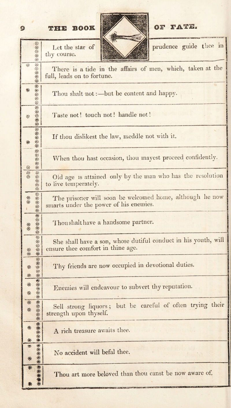 9 THi: BOOK FATa Let me star or pruuenee guiuc j thy course. ik- There is a tide in the affairs of men, which, taken at the j full, leads on to fortune. 1 j, ._..... 4 ik ^ ik ^^- ifx i Thou shaft not:—but be content and happy. i'/f • “ ■ — i ik ik 'J'aste not! touch not! handle not! iff iff iff :¥f If thou dislikest the law, meddle not with it. | iff iff iff iff Wlien thou hast occasion, thou mayest proceed confidently. | .If i^ ^f iff iff Old age is attained only by the man who has the resolution I to live temperately. | i'f ■^f ^f i^ -'*i 1 The prisoner v/ill soon be welcomed home, altiiough he now I smarts under the power of his enemies. | iff i^f ^ iff 1 ii^ Thou slialthave a handsome partner. j iff i'f i'f if She shall have a son, whose dutiful conduct in his youth, will ensure thee comfort in thine age. ^- iff ^ ■?' if S Thy friends are now occupied in devotional duties. if 1 i'f iff ^ i^ i'f Enemies will endeavour to subvert thy reputation. i^ iff i'f ^ iff * Sell strong liquors; but be careful of often trying their strength upon thyself. * i^' * if A rich treasure awaits thee. ^ iff iff * * 1 No accident will befal thee. * * % Thou art more beloved than thou canst be now aware of. * *