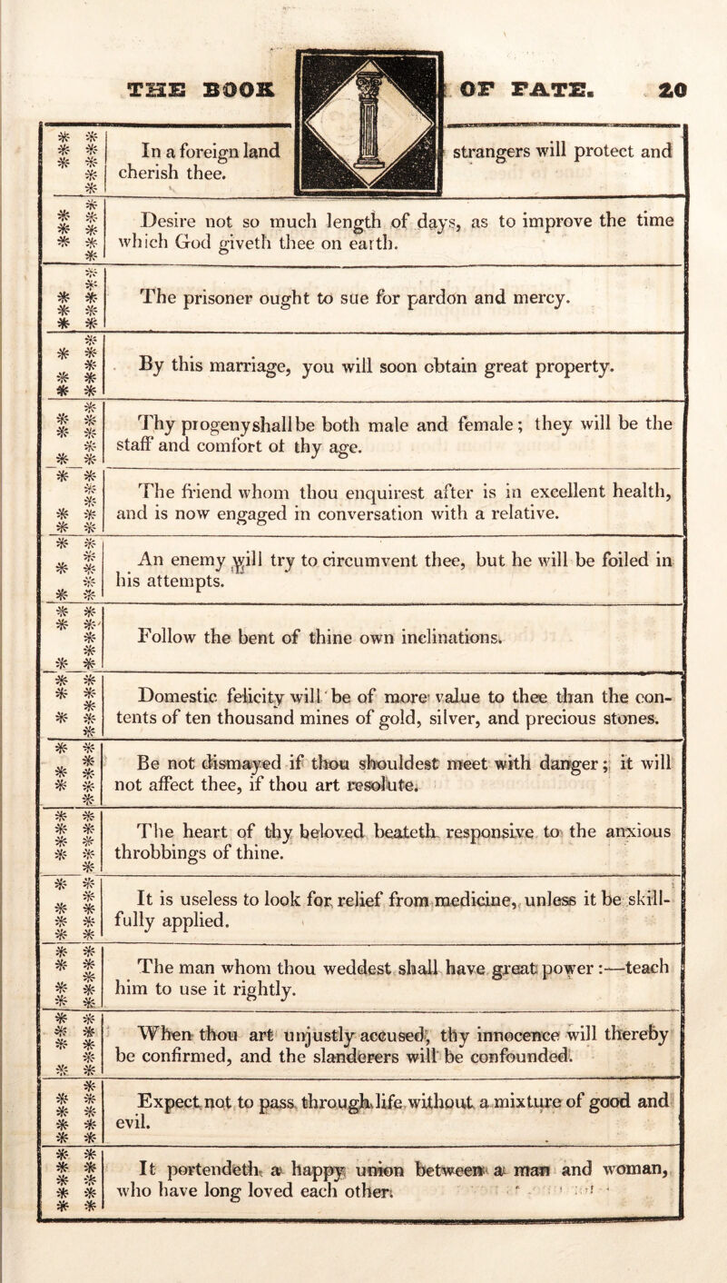 * * In a foreign land cherish thee. strangers will protect and ^|V * * *- * Desire not so much length of days, as to improve the time which God giveth thee on earth. ^0 * ^ The prisoner ought to sue for pardon and mercy. * * ^ * ^ * . By this marriage, you will soon obtain great property. ijEf ^N' * i?? m m Thy progenyshallbe both male and female; they will be the staff and comfort ot thy age. The friend whom thou enquirest after is in excellent health, and is now engaged in conversation with a relative. 1 ^ ire >te iie •:?? 1 An enemy Y^iU try to circumvent thee, but he will be foiled in his attempts. ik- * * Follow the bent of thine own inclinations. ik ik ik Domestic felicity will be of more value to thee than the eon- i tents of ten thousand mines of gold, silver, and precious stones. ik •¥? , * * * t- ' Be not dismayed if thou shouldest nreet with dangerit will not affect thee, if thou art resolute* ik ^ * # ^Y? ik The heart of thy beloved beatetlr responsive to^ the anxious throbbings of thine. ik ik ik m ik ik ik ^ It is useless to look for relief from^medicine,fUnle^ it be skill- I fully applied. > 1 m ik ik * 1 S The man whom thou weddest shall have gresat power:—teach j him to use it rightly. | * ^ ik ik ik ik He ik When thou art'unjustly aceused'^ thy innocence will thereby be confirmed, and the slanderers will be confoundedl ik ik ik * Expectnot to pass, throughdife.without a mixture of good and evil. ik * * * ik ik ik * It portendetfr a happy union betweew^ at man and woman, who have long loved each other; “ f *