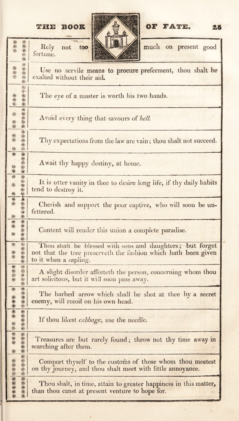 much on present good j Use no servile means to procure preferment, thou shalt be exalted without their aid. tV'. * ^ The eye of a master is worth his two hands. * * -^- ^ Avoid every thing that savours of hell. ijir Thy expectations from the law are vain; thou shalt not succeed. .... ^ * * Await thy happy destiny, at home. It is utter vanity in thee to desire long life, if thy daily habits tend to destroy it. ilSf ^ * Cherish and support the poor captive, who will soon be un- fettered. . ^ ^ * Content will render this union a complete paradise. ^ •¥? ^ *- Thou shall be blessed with sons and daughters; but forget not that the tiee preservetli. the fashion which hath been given to it when a sapling. # A slight disorder alFeeteth the person, concerning whom thou | art solicitous, but it will soon pass away. * * * * * The barbed arrow which shall be shot at thee by a secret enemy, will recoil on his own head.. ^ :^- * ^ H ^ :¥? If thou likest cabbage, use the needle. * * * ^ Treasures are but rarely found ; throw not thy time away in searching after them. Comport thyself to the custoihs of those whom thou meetest on thy journey, and thou shalt meet with little annoyance. * ^ * ^ * ^- * ^ Thou shalt, in time, attain to greater happiness in this matter, than thou canst at present venture to hope for.