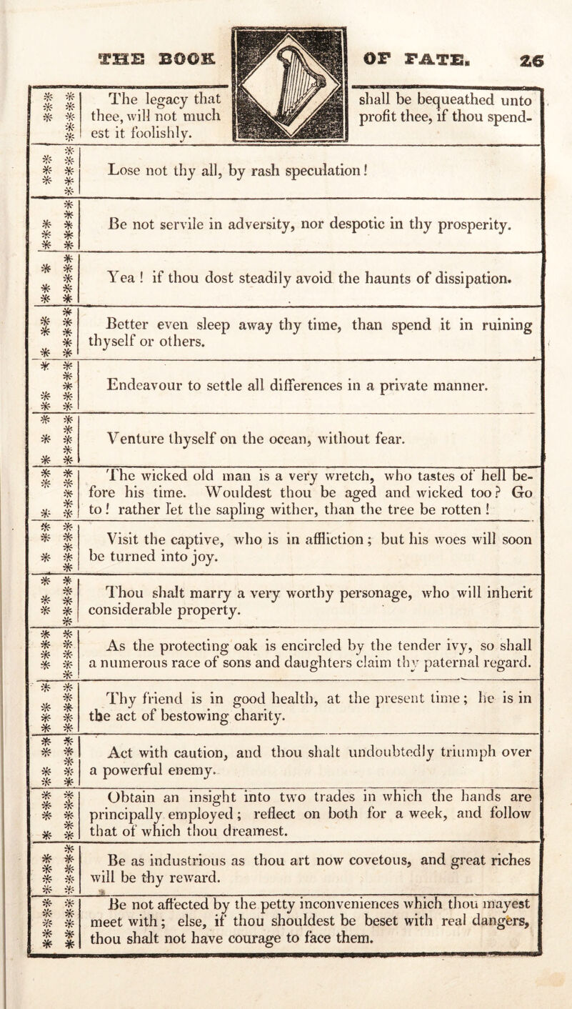 TM'B BOOH. * The legacy that thee, will not much est it foolishly. or FiLTZi, 26 shall be bequeathed unto profit thee, if thou spend- * ^ Lose not thy all, by rash speculation 1 * * ^ * Be not servile in adversity, nor despotic in thy prosperity. * ^ * * Yea ! if thou dost steadily avoid the haunts of dissipation. ^ * Better even sleep away thy time, than spend it in ruining thyself or others. * * * Endeavour to settle all differences in a private manner. # ^^r- , ^' * ilfe * Venture thyself on the ocean, without fear. The wicked old man is a very wretch, who tastes of hell be- fore his time. Wouldest thou be aged and wicked too.^ Go to! rather let the sapling wither, than the tree be rotten ! * * . * Visit the captive, who is in affliction; but his woes will soon be turned into joy. . ^ * Thou shalt marry a very worthy personage, who will inherit considerable property. * ^- ^ * As the protecting oak is encircled by the tender ivy, so shall a numerous race of sons and daughters claim thy paternal regard. ■ iifr' * ^ * * * Thy friend is in good health, at the present time; he is in the act of bestowing charity. ^ * Act with caution, and thou shalt undoubtedly triumph over a powerful enemy. * * ^ it- * * -:^ Obtain an insight into tw^o trades in which the hands are principally employed; reflect on both for a week, and follow that of which thou dreamest. ^ if^- * ^ i)f? Be as industrious as thou art now covetous, and great riches will be thy reward. •9. . _ * * ^ * * Be not affected by the petty inconveniences which thou mayest meet with; else, if thou shouldest be beset with real dangers, thou shalt not have courage to face them.