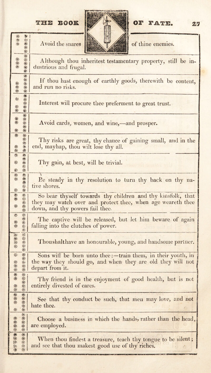 Avoid the snares OF FiLTF. of thine enemies. ik ^ * * Although thou inheritest testamentary property, still be in- | dustrious and frugal. * * If thou hast enough of earthly goods, therewith be content, and run no risks. V * 'V' ^ * * * ^ Interest will procure thee preferment to great trust. ^ * Avoid cards, women, and wine,—and prosper. - ■^' Thy risks are great, thy chance of gaining small, and in the end, mayhap, thou wilt lose thy all. •S^ Jtf Thy gain, at best, will be trivial. Be steady in thy resolutipn to turn thy back on thy na~ | tive shores. 1 So bear thyself towards thy children and thy kinsfolk, that | they may watch over and protect thee, when age weareth thee | down, and thy powers fail thee. | ^ il^r * The captive will be released, but let him beware of again | falling into the clutches of jTower. I ■^Iff ^5 ^- ik Thoushalthave an honourable, young, and handsome partner. I * Sons will be born unto thee:—train them, in their youth, in | the way they should go, and when they are old they will not I depart from it. | ^ ^^■ ^ :^- ^ff ^^r- Thy friend is in the enjoyment of good health, but is not I entirely divested of cares. 1 ^ * See that thy conduct be such, that men may love, and not I hate thee. I f ^ * ^ * ^ * L ^ ^ Choose a business in which the hands;? rather than the head, are employed. 1 * ^ [ ^ '^’f When thou findest a treasure, teach thy tongue to be silent; j and see that thou makest good use of thy riches. |