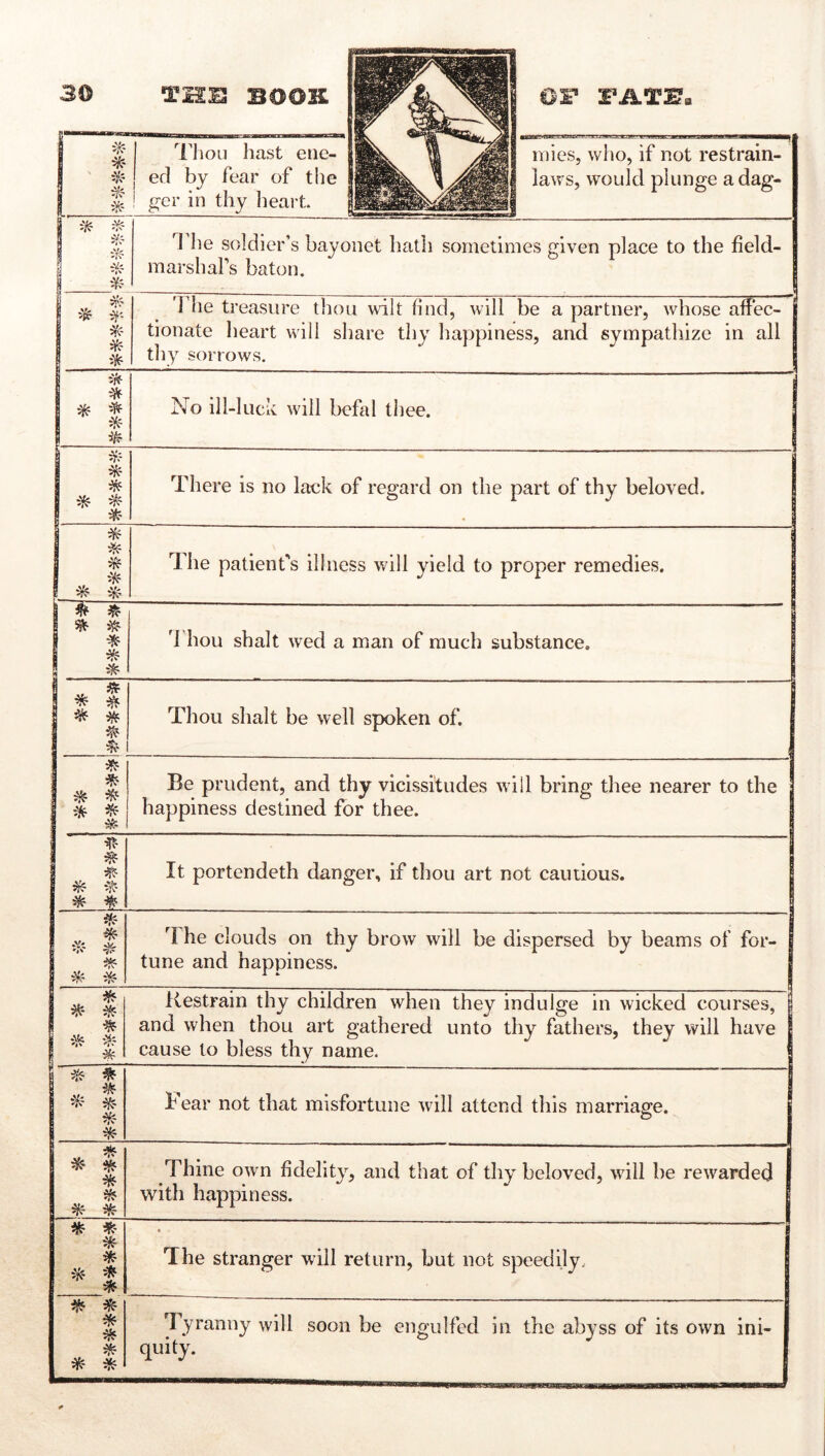 30 * THIS BOOK TIioii hast eiie- ed by fear of the OF FATF. iriies, who, if not restrain- laws, would plunge a dag- i' ik -k 1 if:- 1 f 1 i T he soldier’s bayonet hath sometimes given place to the field- marsh afs baton. j if- ik 1 lie treasure thou wilt find, will be a partner, whose affec- 1 donate heart will share thy happiness, and sympathize in all 1 thy sorrows. | ik * 1 ! * No ill-luck will befal thee. 1 1 1 ^ I m There is no lack of regard on the part of thy beloved. 1 ^ 1 ^ i ik 1 P ^ ik The patient's illness will yield to proper remedies. | 1 ^ ik 1 ^ 1 3 ^ 'J'hou shalt wed a man of much substance. | 1 ^ ^ 1 ^ ■iff- 1 ^ 1 Thou shalt be well spoken of. 1 ^ ik ^ ik ^ ■ik Be prudent, and thy vicissitudes will bring thee nearer to the happiness destined for thee. ik ^ ''k It portendeth danger, if thou art not cautious. | '<c # 1 * i ik ik The clouds on thy brow will be dispersed by beams of for- | tune and happiness. j 1 ^ Ivestrain thy children when they indulge in wicked courses, j and when thou art gathered unto thy fathers, they will have cause to bless thy name. 1 ^ ^ ik tear not that misfortune will attend this marriage. * ^ * ik ^ * Thine own fidelity, and that of thy beloved, will be rewarded with happiness. * * • The stranger will return, but not speedily.. * Tyranny will soon be engulfed in the abyss of its own ini- quity.