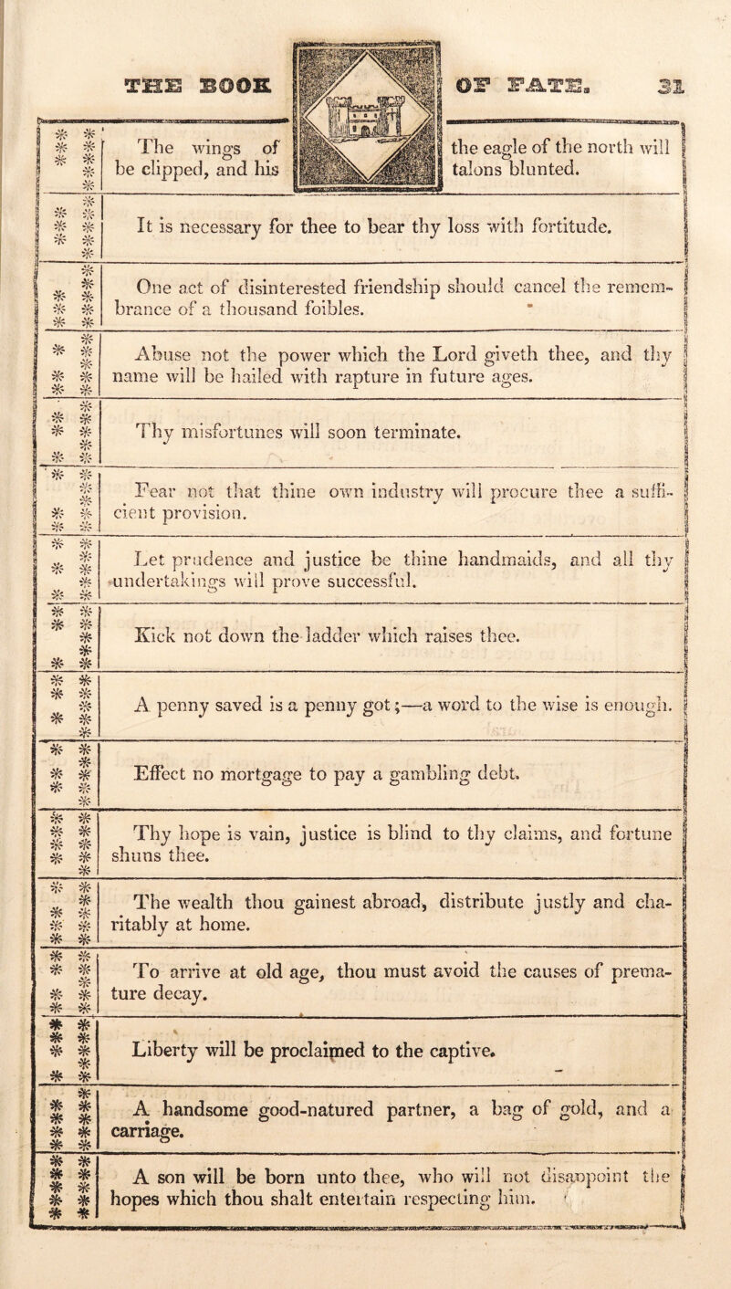 BOOK or BATS. 31 g * f 1 # 8 -Vi S '*v 1 The wings of be clipped, and his the eagle of the north will j 1 i ^v> i 1 ^ It is necessary for thee to bear thy loss with fortitude. j 1 ^ 1 ^ 1 *Y? ^rf i ^ One act of disinterested friendship should cancel tlie reniera- | brance of a thousand foibles. ’ I 1 1 ^ ^Yf -I ^ H Abuse not the power which the Lord giveth thee, and thy | name will be hailed with rapture in future ages. 1 ! * ' ■il' «'iV 1 Thy misfortunes will soon terminate, | i ' ^v- i ^ ^rr 1 f 1 f f * Fear not that thine own industry will procure thee a suffi- | cieiit provision. 1 a ^.- i ^1^^ I ^ i Let prudence and justice be thine handmaids, and ail thy j mndertakiiiffs will prove successful. 1 \ 1 ik I * 1 ^ * 1 Kick not down the ladder wdiich raises thee. | -ik- . A penny saved is a penny got;—a word to the wise is enough. | ._ i i ■ ■ 1 Effect no mortgage to pay a gambling debt, J 1 '1^ ^ ik ^ ^ ik ... n , 1 • • • ♦ 1 Thy hope is vain, justice is blind to tby claims, and fortune | shuns thee. ik iif? ^- * ik The wealth thou gainest abroad, distribute justly and cha- ritably at home. * * To arrive at old age, thou must avoid the causes of prema- ture decay. * ^(if ^ * ■^- * -A^f Liberty will be proclaipaed to the captive. « ^ ^ * * ^ * * * A handsome good-natured partner, a bag of gold, and a carriage. j * * * ^ A son will be born unto thee, who will not disaopoint tiie | hopes which thou shalt entertain respecting him. * j