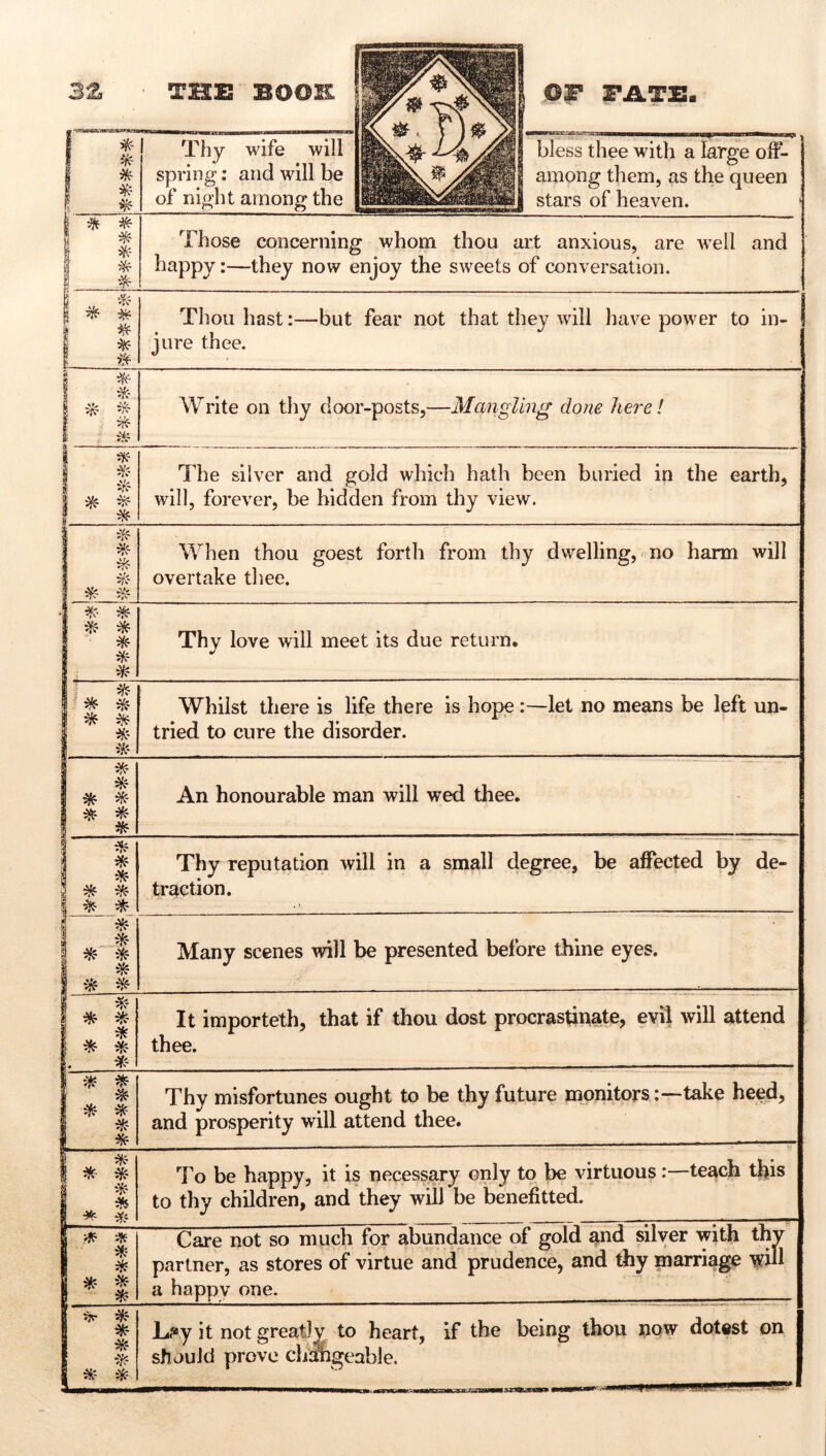 Thy wife will spring; and will be of night among the bless thee with a large olF- among them, as the queen stars of heaven. * Those concerning whom thou art anxious, are well and happy:—they now enjoy the sweets of conversation. 1 ^ ^ 1 ^ Thou hast:—but fear not that they will have power to in- ! jure thee. 1 iK- 1 ^ 1 . 5^ 1 Write on thy door-posts,—Mangling done here! t 1 A’-. I ^ if f ^ The silver and gold which hath been buried in the earth, will, forever, be bidden from thy view. 1 iYf I 1 ^ I 1 ^ When thou goest forth from thy dwelling, no harm will overtake thee. ****™****i Thy love will meet its due return. 1 ^ 1 * ^ 1 1 Whilst there is life there is hope:—let no means be left un- tried to cure the disorder. i i ^ I ^ ^ I ^ An honourable man will wed thee. 1 f I ^ i ^ ^ 1 ^ * Thy reputation will in a small degree, be affected by de- traction. 1 lii ^ i 1 Many scenes will be presented before thine eyes. i 1 * * 1. 4- It importeth, that if thou dost procrastinate, evil will attend thee. 1 ^ i 1 ^ Thy misfortunes ought to be thy future monitors:—take heed, and prosperity will attend thee. 1 * i i * 1 ^ To be happy, it is necessary only to be virtuous:—teach tljis to thy children, and they will be benefitted. 1 ifr- I * 1 * Care not so much for abundance of gold and silver with thy partner, as stores of virtue and prudence, and thy marriage witl a happv one. 1 * I f 1 ist L.«y it not greatly to heart, if the being thou now dotest on should prove diifiigeable.