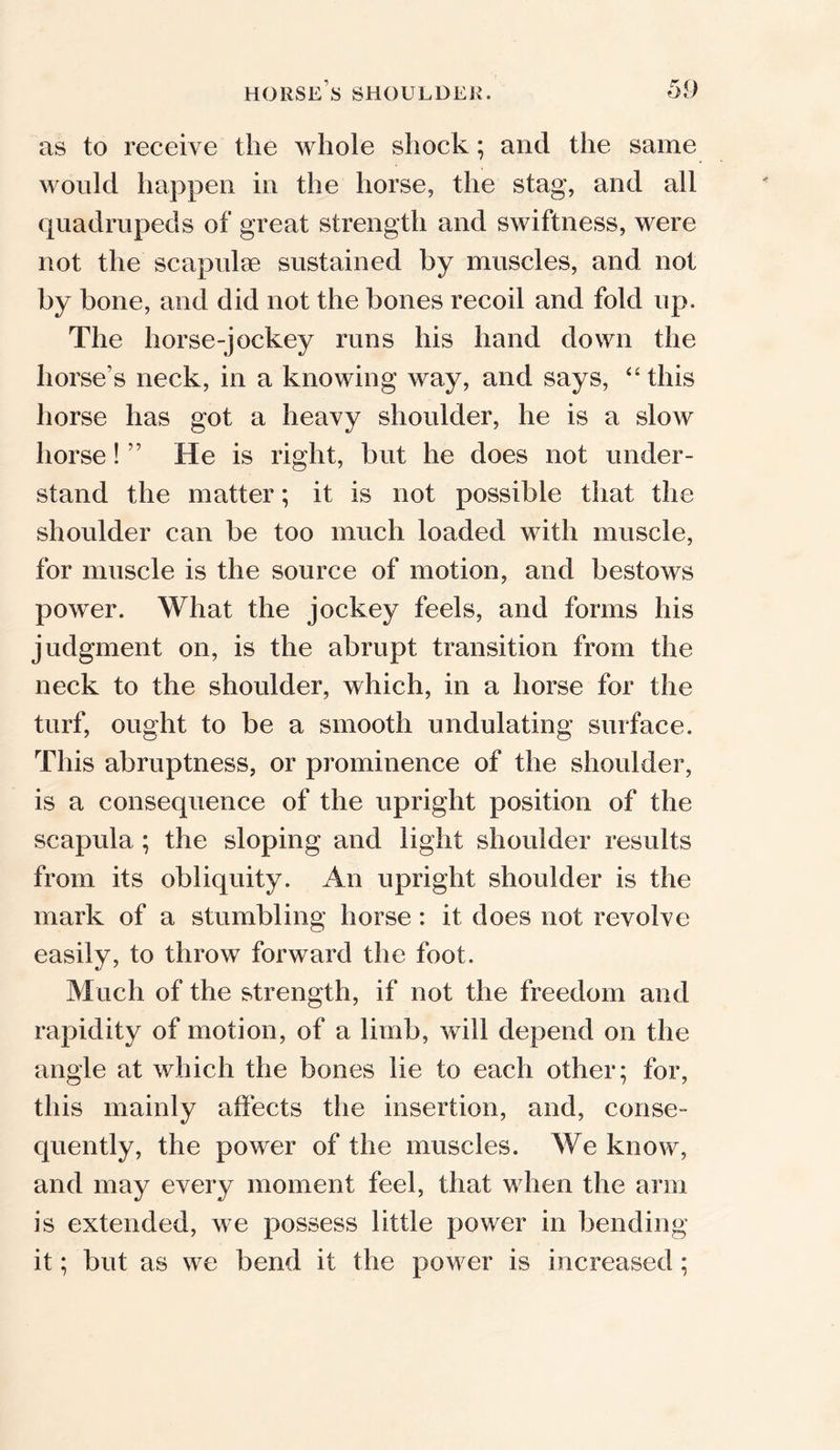 as to receiv e the whole shock; and the same would happen in the horse, the stag, and all quadrupeds of great strength and swiftness, were not the scapulae sustained by muscles, and not by bone, and did not the bones recoil and fold up. The horse-jockey runs his hand down the horse’s neck, in a knowing way, and says, “ this horse has got a heavy shoulder, he is a slow horse! ” He is right, but he does not under- stand the matter; it is not possible that the shoulder can be too much loaded with muscle, for muscle is the source of motion, and bestows power. What the jockey feels, and forms his judgment on, is the abrupt transition from the neck to the shoulder, which, in a horse for the turf, ought to be a smooth undulating surface. This abruptness, or prominence of the shoulder, is a consequence of the upright position of the scapula; the sloping and light shoulder results from its obliquity. An upright shoulder is the mark of a stumbling horse: it does not revolve easily, to throw forward the foot. Much of the strength, if not the freedom and rapidity of motion, of a limb, will depend on the angle at which the bones lie to each other; for, this mainly affects the insertion, and, conse- quently, the power of the muscles. We know, and may every moment feel, that when the arm is extended, we possess little power in bending it; but as we bend it the power is increased;