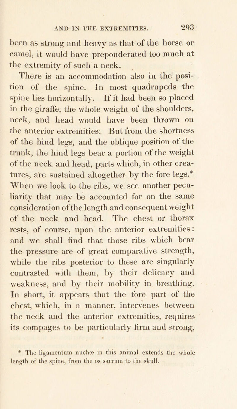 been as strong and heavy as that of the horse or camel, it would have preponderated too much at the extremity of such a neck. There is an accommodation also in the posi- tion of the spine. In most quadrupeds the spine lies horizontally. If it had been so placed in the giraffe, the whole weight of the shoulders, neck, and head would have been thrown on the anterior extremities. But from the shortness of the hind legs, and the oblique position of the trunk, the hind legs bear a portion of the weight of the neck and head, parts which, in other crea- tures, are sustained altogether by the fore legs.* When we look to the ribs, we see another pecu- liarity that may be accounted for on the same consideration of the length and consequent weight of the neck and head. The chest or thorax rests, of course, upon the anterior extremities: and we shall find that those ribs which bear the pressure are of great comparative strength, while the ribs posterior to these are singularly contrasted with them, by their delicacy and weakness, and by their mobility in breathing. In short, it appears that the fore part of the chest, which, in a manner, intervenes between the neck and the anterior extremities, requires its com pages to be particularly firm and strong, * The ligamentum nuchee in this animal extends the whole length of the spine, from the os sacrum to the skull.