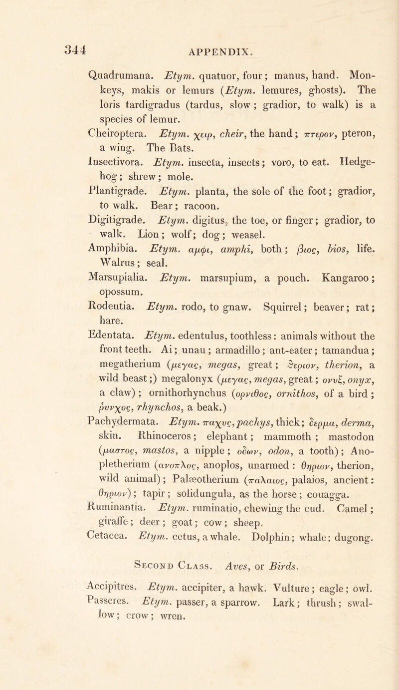 Quadrumana. Etym. quatuor, four; manus, hand. Mon- keys, makis or lemurs {Etym. lemures, ghosts). The loris tardigradus (tardus, slow ; gradior, to walk) is a species of lemur. Cheiroptera. Etym. %eip, cheir, the hand; 7rrepor, pteron, a wing. The Bats. Insectivora. Etym. insecta, insects; voro, to eat. Hedge- hog ; shrew; mole. Plantigrade. Etym. planta, the sole of the foot; gradior, to walk. Bear; racoon. Digitigrade. Etym. digitus, the toe, or finger; gradior, to walk. Lion ; wolf; dog ; weasel. Amphibia. Etym. apyi, amphi, both; /3ioc, bios, life. Walrus; seal. Marsupialia. Etym. marsupium, a pouch. Kangaroo; opossum. Rodentia. Etym. rodo, to gnaw. Squirrel; beaver; rat; hare. Edentata. Etym. edentulus, toothless: animals without the front teeth. Ai; unau ; armadillo; ant-eater; tamandua; megatherium (peyag, megas, great; Srspiov, therion, a wild beast;) megalonyx (peyag, megas, great; ovv'E,, onyx, a claw) ; ornithorhynchus (opviOog, ornithos, of a bird ; pvvypg, rhynchos, a beak.) Pachydermata. Etym. 7ra^yg,pachys, thick; Seppa, derma, skin. Rhinoceros; elephant; mammoth ; mastodon (yaaroQ, mastos, a nipple ; obior, odon, a tooth); Ano- pletherium {avonXoc, anoplos, unarmed : d-ppiov, therion, wild animal); Palseotherium {iraXaiog, palaios, ancient: drjpwe); tapir ; solidungula, as the horse ; couagga. Ruminantia. Etym. ruminatio, chewing the cud. Camel; giraffe ; deer ; goat; cow; sheep. Cetacea. Etym. cetus, a whale. Dolphin; whale; dugong. Second Class. Aves, or Birds. Accipitres. Etym. accipiter, a hawk. Vulture; eagle; owl. Passeres. Etym. passer, a sparrow. Lark; thrush; swal- low ; crow; wren.