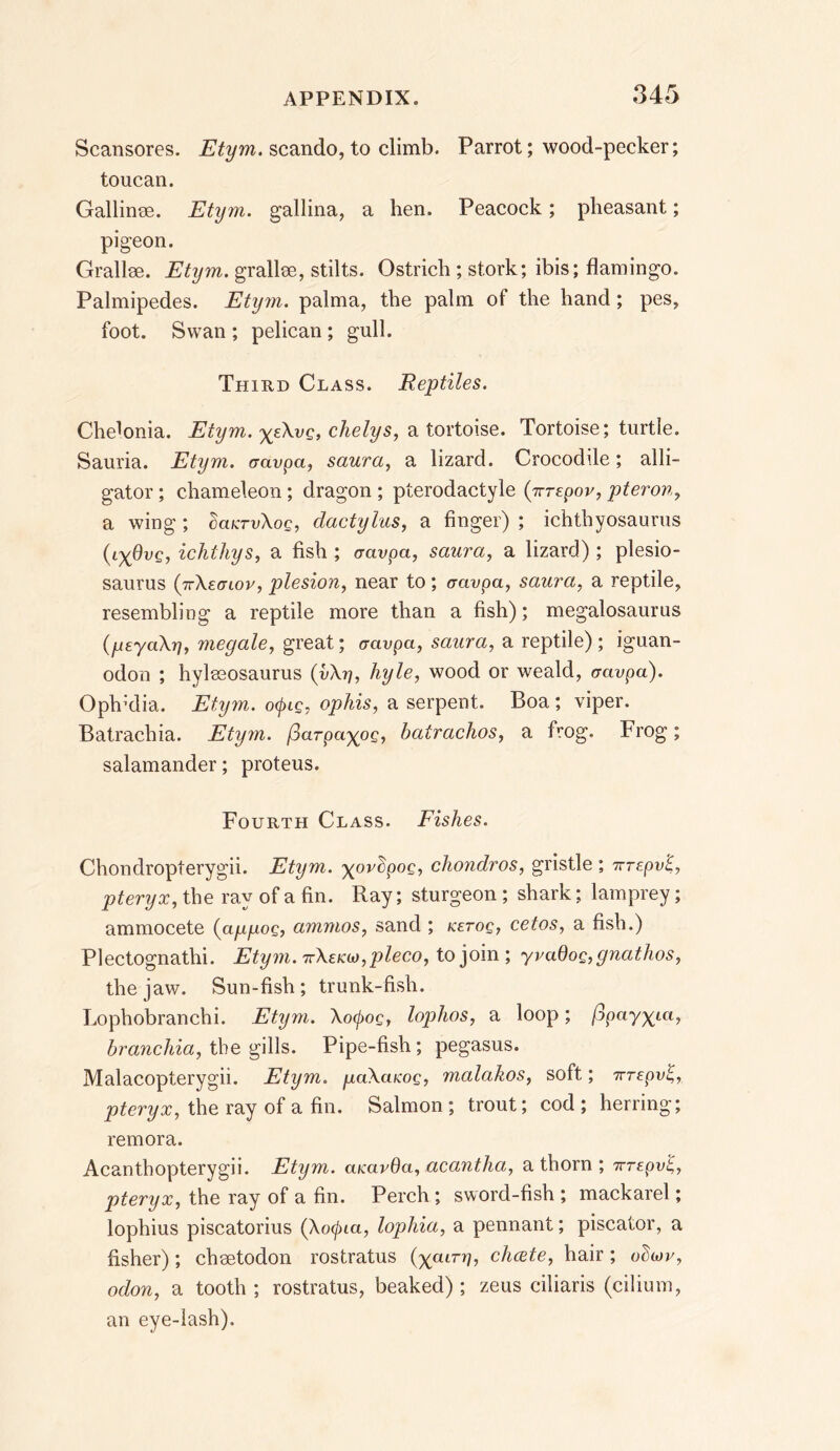 Scansores. Etym. scando, to climb. Parrot; wood-pecker; toucan. Gallinse. Etym. gallina, a hen. Peacock; pheasant; pigeon. Grallse. Etym. grallse, stilts. Ostrich ; stork; ibis; flamingo. Palmipedes. Etym. palma, the palm of the hand; pes, foot. Swan ; pelican ; gull. Third Class. Reptiles. Che^onia. Etym. ^eXvq, chelys, a tortoise. Tortoise; turtle. Sauria. Etym. cavpa, saura, a lizard. Crocodile; alli- gator ; chameleon; dragon ; pterodactyle (7vrepor, pteron, a wing; baKrvXog, dactylus, a finger) ; ichthyosaurus ichthys, a fish ; aavpa, saura, a lizard) ; plesio- saurus (7tXegiov, plesion, near to ; aavpa, saura, a reptile, resembling a reptile more than a fish); megalosaurus (yeyaXt], meg ale, great; cravpa, saura, a reptile) ; iguan- odon ; hylseosaurus (vXrj, hyle, wood or weald, aavpa). Oplrdia. Etym. ocf)ig7 ophis, a serpent. Boa; viper. Batrachia. Ety?n. jjarpa^og, batrachos, a frog. Frog; salamander; proteus. Fourth Class. Fishes. Chondropterygii. Etym. ^ovbpog, chondros, gristle ; 7rrepvt, pteryx, the ray of a fin. Ray; sturgeon ; shark; lamprey; ammocete (ayyog, ammos, sand ; ketoq, cetos, a fish.) Plectognathi. Etym. tvXekcj,pleco, to join ; yvaOog,gnathos, the jaw. Sun-fish; trunk-fish. Lophobranchi. Etym. Xcxpog, lophos, a loop; /3pay^ta, branchia, tbe gills. Pipe-fish; pegasus. Malacopterygii. Etym. yaXatvog, malakos, soft; tvrepv^7 pteryx, the ray of a fin. Salmon ; trout; cod ; herring; remora. Acanthopterygii. Etym. aicavda, acantha, a thorn ; 7vrepv't,, pteryx, the ray of a fin. Perch ; sword-fish ; mackarel; lophius piscatorius (Ao0ia, lophia, a pennant; piscator, a fisher); chsetodon rostratus chcete, hair; otW, odon, a tooth; rostratus, beaked); zeus ciliaris (cilium, an eye-lash).