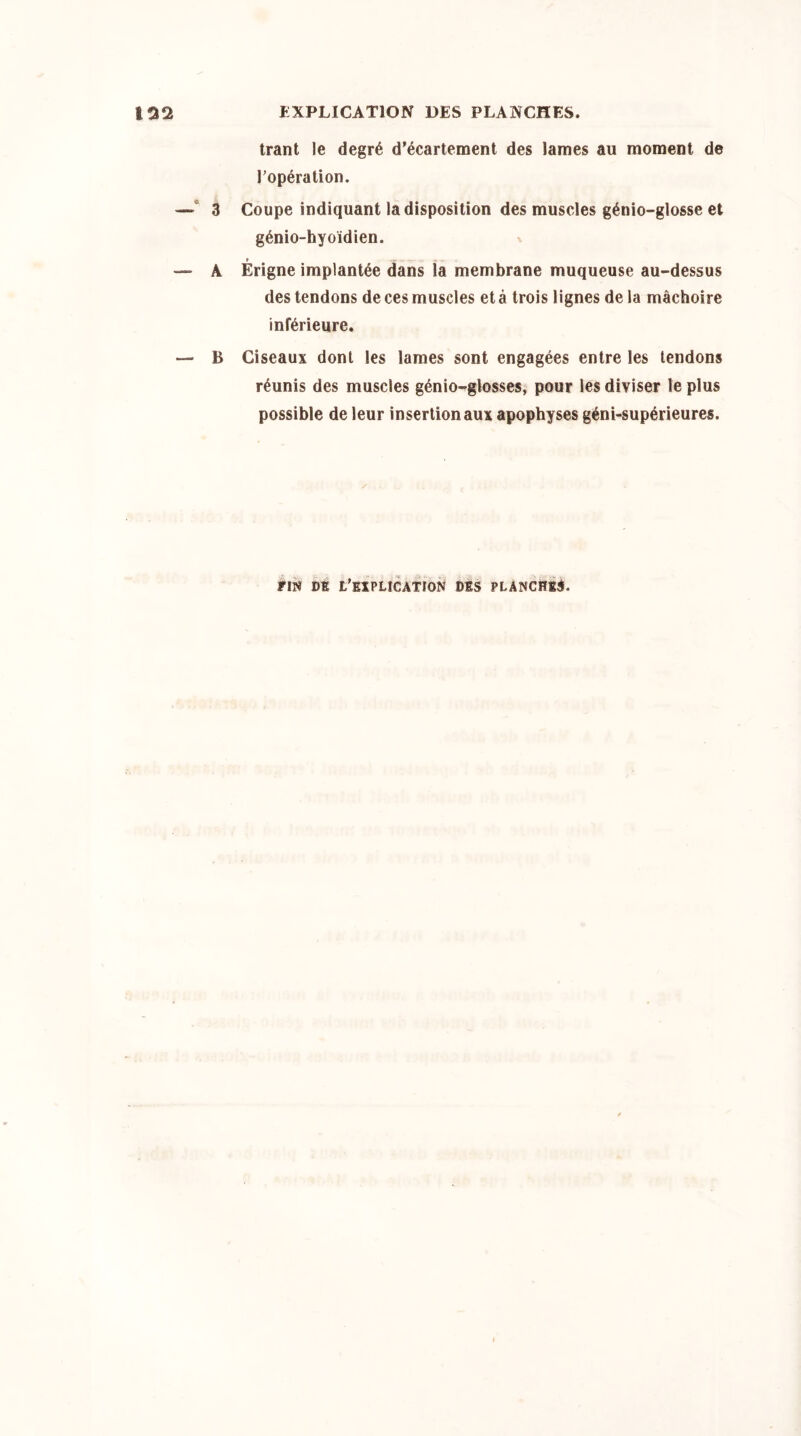 trant le degré d’écartement des lames au moment de l’opération. —- 3 Coupe indiquant la disposition des muscles génio-glosse et génio-hyoidien. » T ■» - — A Erigne implantée dans la membrane muqueuse au-dessus des tendons de ces muscles et à trois lignes de la mâchoire inférieure. — B Ciseaux dont les lames sont engagées entre les tendons réunis des muscles génio-glosses, pour les diviser le plus possible de leur insertion aux apophyses géni-supérieures. FIN DE t’EXPLICATÏON DIS PLANCHES