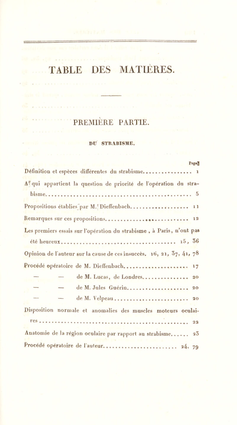 TABLE DES MATIÈRES. PREMIÈRE PARTIE. DU STRABISME. Pag®! Définition et espèces ditîérentes du strabisme i A?qui appartient la question de priorité de l’opération du stra- bisme. » 5 Propositions établies par M.’ Dielîenbach, il Remarques sur ces propositions 12 Les premiers essais sur l’opération du strabisme , à Paris, n*ont pas été heureux i5, 36 Opinion de l'auteur sur la cause de ces insuccès. 16, 21, 3y, 4d 7^ Procédé opératoire de M. Dielîenbach. »... 17 — — de M. Lucas, de Londres 20 — — de M. Jules Guérin 20 — — de M. Velpeau 20 Disposition normale et anomalies des muscles moteurs oculai- res . 22 Anatomie de la région oculaire par rapport au strabisme 25 Procédé opératoire de l’auteur. 24, 79