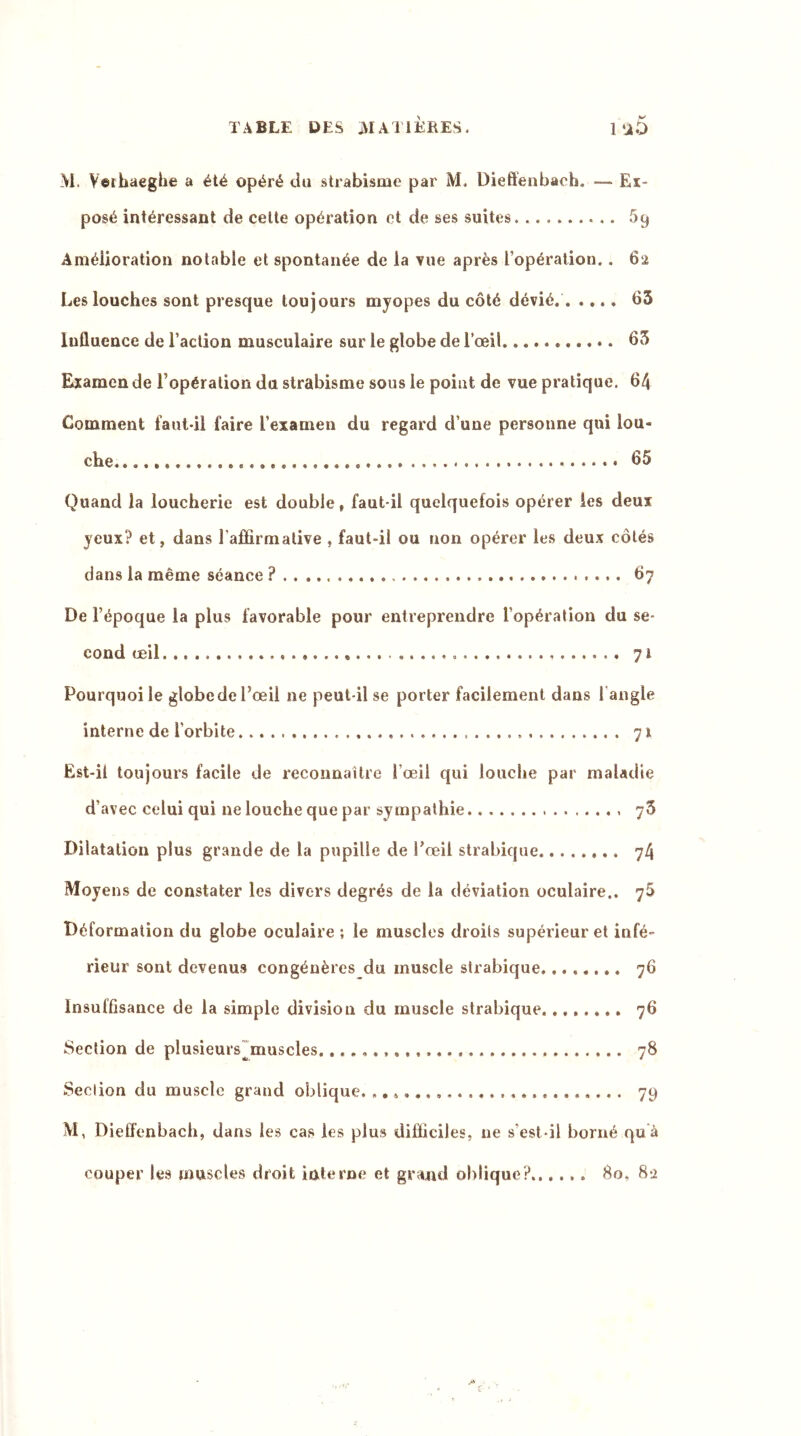 M. Veihaeghe a été opéré du strabisme par M. Dieffenbaoh. — Ex- posé intéressant de cette opération et de ses suites. 69 Amélioration notable et spontanée de la vue après l’opération.. 62 Les louches sont presque toujours myopes du côté dévié.. .... 63 Influence de l’action musculaire sur le globe de l’œil. 63 Examen de l’opération du strabisme sous le point de vue pratique. 6/4 Comment faut-il faire l’examen du regard d’une personne qui lou- che ... 65 Quand la loucherie est double, faut-il quelquefois opérer les deux yeux? et, dans l'affirmative , faut-il ou non opérer les deux côtés dans la même séance ?... 67 De l’époque la plus favorable pour entreprendre l’opération du se- cond œil 71 Pourquoi le globede l’œil ne peut-il se porter facilement dans l'angle interne de l'orbite 74 Est-if toujours facile de reconnaître l’œil qui louche par maladie d’avec celui qui ne louche que par sympathie y3 Dilatation plus grande de la pupille de l’œil strabique 74 Moyens de constater les divers degrés de la déviation oculaire.. 76 Déformation du globe oculaire ; le muscles droits supérieur et infé- rieur sont devenus congénères du muscle strabique. ....... 76 Insuffisance de la simple divisiou du muscle strabique 76 Section de plusieurs^muscles 78 Section du muscle grand oblique. 79 M, Dieffenbach, dans les cas les plus difficiles, ne s'est-il borné qu à couper les muscles droit interne et grand oblique?. 80, 82
