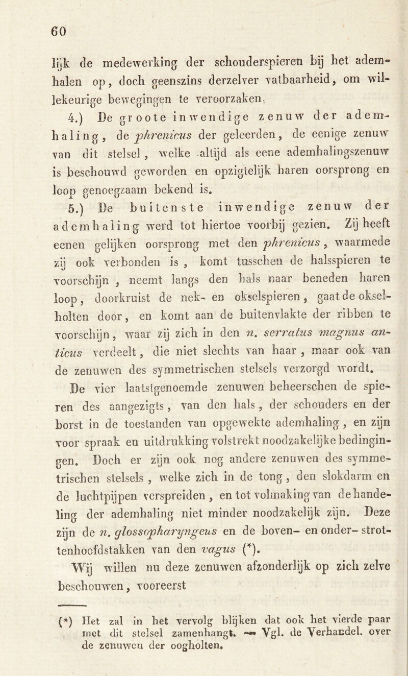 lijk de medewerking der schouderspieren bij het adem^ halen op, doch geenszins derzelver \albaarheid, om wil- lekeurige bewegingen te yeroorzaken, 4. ) Be g r o o t e i n w e n d i g e zenuw der adem- haling, èQ phrenicus der geleerden, de eenige zenuw yan dit stelsel , welke altijd als eene ademhalingszenuw is beschouwd geworden en opzigtelijk haren oorsprong en loop genoegzaam bekend is. 5. ) Be buitenste inwendige zenuw der ademhaling werd tot hiertoe yoorbij gezien. Zij heeft eenen gelijken oorsprong met den phrenicus, waarmede zij ook yerbonden is , komt tusschen de halsspieren te yoorschijn , neemt langs den hals naar beneden haren loop, doorkruist de nek- en okselspieren, gaat de oksel- holten door, en komt aan de buitenvlakte der ribben te yoorschijn, waar zij zich in den n. serrahis magnus an- Heus verdeelt, die niet slechts van haar , maar ook van de zenuwen des symmetrischen stelsels verzorgd wordt. Be vier laatstgenoemde zenuw^en beheerschen de spie- ren des aangezigts, van den hals, der schouders en der borst in de toestanden van opgewekte ademhaling , en zijn voor spraak en uitdrukking volstrekt noodzakelijke bedingin- gen. Doch er zijn ook nog andere zenuwen des symme- trischen stelsels , welke zich in de tong, den slokdarm en de luchtpijpen verspreiden, en tot volmaking van de hande- ling der ademhaling niet minder noodzakelijk zijn. Beze zijn de n. glosso^haryngeus en de boven- en onder- strot- tenhoofdstakken van den vagus Wij willen nu deze zenuwen afzonderlijk op zich zelve beschouwen, vooreerst (’') liet zal in liet vervólg blijken dat ook liet vierde paar met dit stelsel zamenhangt. Vgh de Verhandel, over de zenuwen der oogholten.