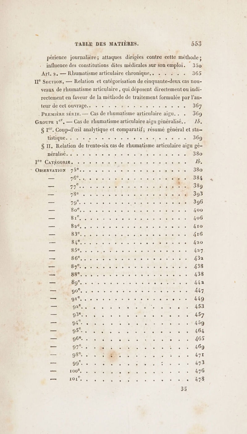 périence journalière; attaques dirigées contre cette méthode ; influence des constitutions dites médicales sur son emploi. 350 Art, 2, — Rhumatisme articulaire chronique.. . . : . . 365 IL Secrion, — Relation et catégorisation de cinquante-deux cas nou- veaux de rhumatisme articulaire , qui déposent directement ou indi- rectement en faveur de la méthode de traitement formulée par l’au- (ét dé CehoOurAgE. RP. NME PRES ue 0807 PREMIÈRE SÉRIE. — Cas de rhumatisme articulaire aigu... . 369 Groure 1°, — Cas de rhumatisme articulaire aigu généralisé... 26, $ 1. Coup-d’œil analytique et comparatif; résumé général et sta— OU Re ee eee es he Be Pages s, + Le 000 e | $ II. Relation de trente-six cas de rhumatisme articulaire aigu gé- néralise. L1 L2 L L2 L1 L L L1 . -. L] LA LL LA L2 LA L] LA 380 RCE RS Lio le Ne de 7e CRI EENVA SION AIO. etes de + hit, - Lie RSR 01300 RE GS: an 0e , , . ° . 0] e ® . . ° e ee. e 384 À : £ Ce eus 787 CR e ° ° ° ° L 9° 0 L ° e ° . e 0 e 389 _ HO et + te fs eo de te.te outaue Were BORD) Corel 79°. + . e. 0] . 0 . ce e . e . 0 . e ° e 396 — LU PR SEE LT PT PEN DES Le RARE — DÉS 0, 12 Pa Me let CNE TRS 2 ie 200 — PEN SRE RE ES Te 2. SAR os ce Cu aa 6e TG — TN no alle 2 4e là ue Ne Ce Le loto 4930 — Date Lise Motte Me le et see doter CR — SORT TR de ie ee Porte us etui AJ contente. ut die Carl ROUTE AE, 438 —— CORRE TONER RS RM, 1438 — RONA NT ARE LS PT a ee ee NA — Norte Retro MAUR ECS etre — ROC M JU MS sos eu held: + 214140 = CORRE. LS MORT TE Mi PS ANA 7 PRET LOURDE MU EU 4 = LR Ldtaue Ve 40 — ORNE RE EL re 64 TA DORE NT AU De Les Le 1465 — POSTER LE TES Le el. M, % 469 — DORE OR RUOQ SO à: j « 47t ST DORE LTÉE A 4 — « cha _— TOO RU RS: 2 un à + «470 — AO RC ER ne à « à 240478
