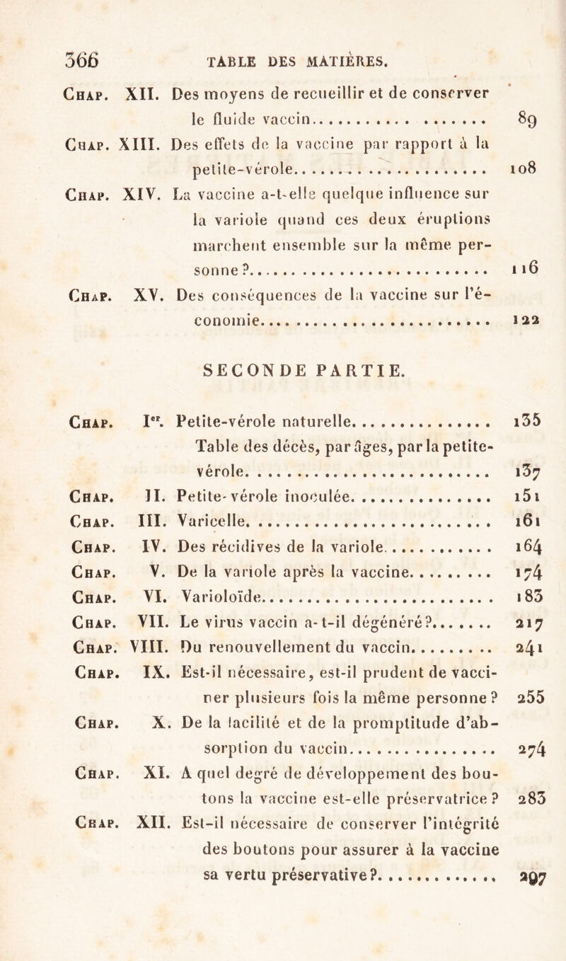 Ghap. XII. Des moyens de recueillir et de conserver le fluide vaccin 8g Ghap. XIII. Des effets de la vaccine par rapport à la petite-vérole io8 Ghap. XIV. La vaccine a-t-elle quelque influence sur la variole quand ces deux éruptions marchent ensemble sur la même per- sonne ? 1 Ghap. XV. Des conséquences de la vaccine sur l’é- conomie ia2 SEGONDE PARTIE. Ghap. I. Petite-vérole naturelle i35 Table des décès, par âges, par la petite- vérole i37 Ghap. H. Petite-vérole inoculée i5i Ghap. III. Varicelle. , i6i Ghap. IV. Des récidives de la variole 164 Ghap. V. De la variole après la vaccine 174 Ghap. VI, Varioloïde i83 Ghap. VII. Le virus vaccin a-t-il dégénéré? 217 Ghap. VIII. Du renouvellement du vaccin 241 Ghap. IX. Est-il nécessaire, est-il prudent de vacci- ner plusieurs fois la même personne ? 255 Ghap, X. De la lacilité et de la promptitude d’ab- sorption du vaccin 274 Ghap. XI. A qtiel degré de développement des bou- tons la vaccine est-elle préservatrice ? 283 Ghap. XII. Est-il nécessaire de conserver l’intégrité des boutons pour assurer à la vaccine sa vertu préservative? 2^7