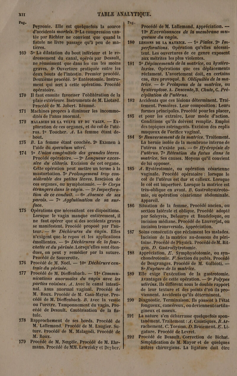 Page 169 170 171 172 173 174 175 176 177 178 179 Peyronie. Elle est quelquefois la source d'accidents mortels. 2 La compression van- tée par Richter ne convient que quand la fistule ne livre passage qu’à peu de ma- tières. 5° La dilatation du bout inférieur et le re- dressement du canal, opérés par Desault, ne réussissent que dans les cas les moins graves. 40 Ouverture pratiquée entre les deux bouts de l'intestin. Premier procédé. ment qui sert à cette opération. Procédé opératoire. Il faut ensuite favoriser l’oblitération de la plaie extérieure. Instruments de M. Liotard. Procédé de M. Jobert. Résumé. Machines propres à diminuer les incommo- dités de l’anus anormal. MALADIES DE LA VULVE ET DU VAGIN. — Ex- ploration de ces organes, et du col de luté- rus. 10 Toucher. 4. La femme étant de- bout. B. La femme étant couchée. 2 Examen à l’aide du speculum uteri. lo Union congénitale des grandes lèvres. Procédé opératoire. — 2 Longueur exces- sive du clitoris. Excision de cet organe. Cette opération peut mettre un terme à la masturbation. 5° Prolongement trop con- sidérable des petites lèvres. Rescision de ces organes, ou nymphotomie. — 40 Corps étrangers dans le vagin. — 5° Imperfora- tion de ce conduit. — 6o Absence de ses parois. — 70 Agglutination de sa sur- face. Opérations que nécessitent ces dispositions. Lorsque le vagin manque entièrement, il ne faut opérer que si des accidents graves se manifestent. Procédé proposé par l’au- teur. — 80 Déchirures du vagin. Elles n’exigent que.le repos et les applications émollientes. — 9° Déchirures de la four- chette et du périnée.Lorsqu’elles sont éten- dues, on peut y remédier par la suture. Procédé de Saucerotte. Procédé de M. Noël. — 10° Déchirure cen- trale du périnée. Procédé de M. Dieffenbach. — 119 Commu- nications anormales du vagin avec les Parties voisines. A. Avec le canal intesti- nal. Anus anormal vaginal. Procédé de M. Roux. Procédé de M. Casa-Mayor. Pro- cédé de M. Dieffenbach. 2. Avec la vessie ou l’urètre. Tamponnement du vagin. Pro- cédé de Desault. Cautérisation de la fis- tule. Rapprochement de ses bords. Procédé de M. Lallemand. Procédé de M. Laugier. Su- ture. Procédé de M. Malagodi. Procédé de M. Roux. Procédé de M. Nœgèle. Procédé de M. Ehr- mann,. Procédé de MM. Lewzisky et Deyber. 180 181 182 183 184 185 186 187 188 189 190 191 192 Procédé de M. Lallemand. Appréciation. — 120 ÆExcroissances de la membrane mu- queuse du vagin. LÉSIONS DE LA MATRICE. — 10 Plaïes. 20 Im- perforations. Opération qu’elles nécessi- tent. Les ouvertures de ce genre exposent aux métrites les plus violentes. 3° Déplacements de la matrice, ou hystéro- loxies. Opérations que ces déplacements réclament. L’avortement doit, en certains cas, être provoqué. B. Obliquités de la ma- trice. — 4o Prolapsus de la matrice, ou hystéroptose. A. Descente, B. Chute, G. Pré- cipitation de l’utérus. | Accidents que ces lésions déterminent. Trai- tement. Pessaires. Leur composition: Leurs formes principales. Procédé pour les placer, et pour les extraire. Leur mode d’action. Conditions qu'ils doivent remplir. Emploi des topiques astringents. Excision des replis muqueux de l’orifice vaginal. 5o Renversement de la matrice. Traitement. La hernie isolée de la membrane interne de l'utérus n’existe pas. — Go Hydropisie de l’utérus. 7° Rétention du fœtus dans la matrice. Ses causes. Moyens qu’il convient de lui opposer. A. Hystérotomie, ou opération césarienne vaginale. Procédé opératoire : lorsque le col de l'utérus est dur et calleux. Lorsque le col est imperforé. Lorsque la matrice est très-oblique en avant. B. Gastrohystéroto- mie, ou opération césarienne abdominale. Appareil. Situation de la femme. Procédé ancien, ou section latérale et oblique. Procédé adopté par Soleyrès, Deleurye et Baudeloque, ou incision médiane. Procédé de Lauverjat, ou incision transversale. Appréciation. Soins conséculifs que réclament les malades. Incision de la matrice au-dessous du péri- toine. Procédé de Physick. Procédé de M. Rit- gen. D. Gastroélytrotomie. Appréciation. Æ. Symphyséotomie, ou syn- chondrotomie. F. Section du pubis. Procédé de Desgranges. Procédé de M. Galbioti. — 80 Rupture de la matrice. Elle exige l'exécution de la gastrotomie. Avantages de cette opération. — 90 Polypes utérins. Ils diffèrent sous le double rapport de leur texture et des points d’où ils pro- viennent. Accidents qu'ils déterminent. Diagnostic. Terminaison. Ils passent à l’état fongueux, cancéreux, ou deviennentcartila- gineux et osseux. La nature s’en débarrasse quelquefois spon- tanément. Traitement : 4. Caustiques. B.Ar- rachement. C. Torsion. D.Broiement. Æ. Li- gature. Procédé de Levret. Procédé de Desault. Correction de Bichat. Simplification de M. Mayor et de quelques autres chirurgiens, La ligature doit être