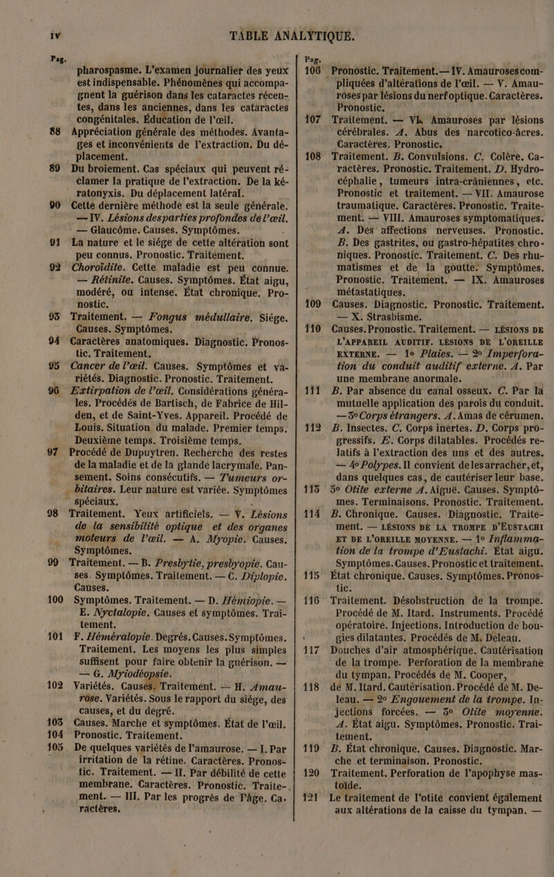 1Y 88 89 90 91 92 95 94 95 96 97 98 99 100 101 103 105 pharospasme. L'examen journalier des yeux est indispensable. Phénomènes qui accompa- gnent la guérison dans les cataractes récen- tes, dans les anciennes, dans les cataractes congénitales. Éducation de l'œil. Appréciation générale des méthodes. Avanta- ges et inconvénients de l'extraction. Du dé- placement. Du broiement. Cas spéciaux qui peuvent ré- clamer la pratique de l'extraction. De la ké- Cette dernière méthode est la seule générale. — IV. Lésions desparties profondes dé l’œil. — Glaucôme. Causes. Symptômes. La nature et le siége de cette altération sont peu connus. Pronostic. Traitément. Choroïdite. Cette maladie est peu connue. — Rétinite. Causes. Symptômes. État aigu, modéré, où intense. État chronique. Pro- nostic. Traitement. — Fongus médullaire. Siége. Causes. Symptômes. Caractères anatomiques. Diagnostic. Pronos- tic. Traitement. Cancer de l’œil. Causes. Symptômes et va- Extirpation de l’œil. Considérations généra- les. Procédés de Bartisch, de Fabrice de Hil- den, et de Saint-Yves. Appareil. Procédé de Louis. Situation du malade. Premier temps. Deuxième temps. Troisième temps. Procédé de Dupuytren. Recherche des restes de la maladie et de la glandé lacrymale. Pan- sement. Soins consécutifs. — Tumeurs or- spéciaux. Traitement. Yeux artificiels. — Ÿ. Lésions de la sensibilité optique et des organes moteurs de l'œil. — À. Myopie. Causes. Symptômes. ses. Symptômes. Traitement. — C. Diplopie. Causes. Symptômes. Traitement. — D. Hémiopie. — E. Nyctalopie. Causes et symptômes. Trai- tement. F. Héméralopie. Degrés.Causes.Symptômes. Traitement. Les moyens les plus simples suffisent pour faire obtenir la guérison. — — G. Myiodéopsie. Variétés. Causés: Traitement. — H. {mau- rose. Variétés. Sous le rapport du siége, des causes, et du degré. Causes. Marche et symptômes. État de l’œil. Pronostic. Traitement. De quelques variétés de l’'amaurose. — I. Par irritation de la rétine. Caractères. Pronos- tic. Traitement. — II. Par débilité de cette ment. — III. Par les progrès de l'âge. Ca. ractères. Pag, 107 108 111 112 115 114 pliquéés d’altérations de l'œil. — V. Amau- rôses par lésions du nerfoptique. Caractères. Pronostic. Traitement, — VLk Amauroses par lésions cérébrales. 4. Abus des narcotico-âcres. Caractères. Pronostic. Traitement. B. Convulsions. C. Colère, Ca- ractères. Pronostic. Traitement. D. Hydro- céphalie, tumeurs intra-crâniennes, etc. Pronostic et traitement. — VII. Amaurose traumatique. Caractères. Pronostic. Traite- ment. — VIII. Amauroses symptomatiques. A. Dés affections nerveuses. Pronostic. PB. Des gastrites, ou gastro-hépatites chro- niques. Pronostic. Traitement. C. Des rhu- matismes et de la goutte. Symptômes. Pronostic. Traitement, — IX. Amauroses métastatiques. Causes. Diagnostic. Pronostic. Traitement. — X. Strasbisme. Causes. Pronostic. Traitement. — LÉSIONS DE L'APPAREIL AUDITIF. LÉSIONS DE L'OREILLE EXTERNE. — lo Plaies. — 20 Imperfora- tion du conduit auditif externe. 4. Par une membrane anormale. B. Par absence du eanal osseux. C. Par la mutuelle application des parois du conduit. — 5° Corps étrangers. 4.Amas dé cérumen. B. Insectes. C. Corps inértes. D. Corps pro- gressifs. Æ. Corps dilatables. Procédés re- Jlatifs à l'extraction des uns et des autres. — 4 Polypes.lIl convient delesarracher, et, dans quelques cas, de cautériser leur base. 5° Otite externe À.Aiguë. Causes. Symptô- mes. Terminaisons. Pronostic. Traitement. B. Chronique. Causes. Diagnostic. Traite- ment. — LÉSIONS DE LA TROMPE D'EUSTACHI ET DE L'OREILLE MOYENNE. — 10 Inflamma- tion de la trompe d’Eustachi. État aigu. Symptômes.Causes. Pronostic et traitement. État chronique. Causes. Symptômes. Pronos- tic. Traitement. Désobstruction de la trompe. Procédé de M. Itard. Instruments. Procédé opératoire. Injections. Introduction de bou- gies dilatantes. Procédés de M. Deleau. Douches d'air atmosphérique. Cautérisation de la trompe. Perforation de la membrane du tympan. Procédés de M. Cooper, de M. Itard. Cautérisation. Procédé de M. De- léau.. = 20 Engouement de la trompe. In- jections forcées. — 5° Ofile moyenne. A. État aigu. Symptômes. Pronostic. Trai- tement. B. État chronique. Causes. Diagnostic. Mar- che et terminaison. Pronostic. Traitement. Perforation de l’apophyse mas- toïde. Le traitement de l’otité convient également aux altérations de la caisse du tympan. —