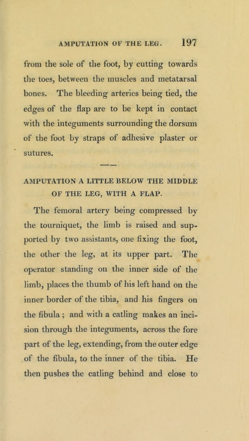 from the sole of the foot, by cutting towards the toes, between the muscles and metatarsal bones. The bleeding arteries being tied, the edges of the flap are to be kept in contact with the integuments surrounding the dorsum of the foot by straps of adhesive plaster or sutures. AMPUTATION A LITTLE BELOW THE MIDDLE OF THE LEG, WITH A FLAP. The femoral artery being compressed by the tourniquet, the limb is raised and sup- ported by two assistants, one fixing the foot, the other the leg, at its upper part. The operator standing on the inner side of the limb, places the thumb of his left hand on the inner border of the tibia, and his fingers on the fibula ; and with a catling makes an inci- sion through the integuments, across the fore part of the leg, extending, from the outer edge of the fibula, to the inner of the tibia. He then pushes the catling behind and close to