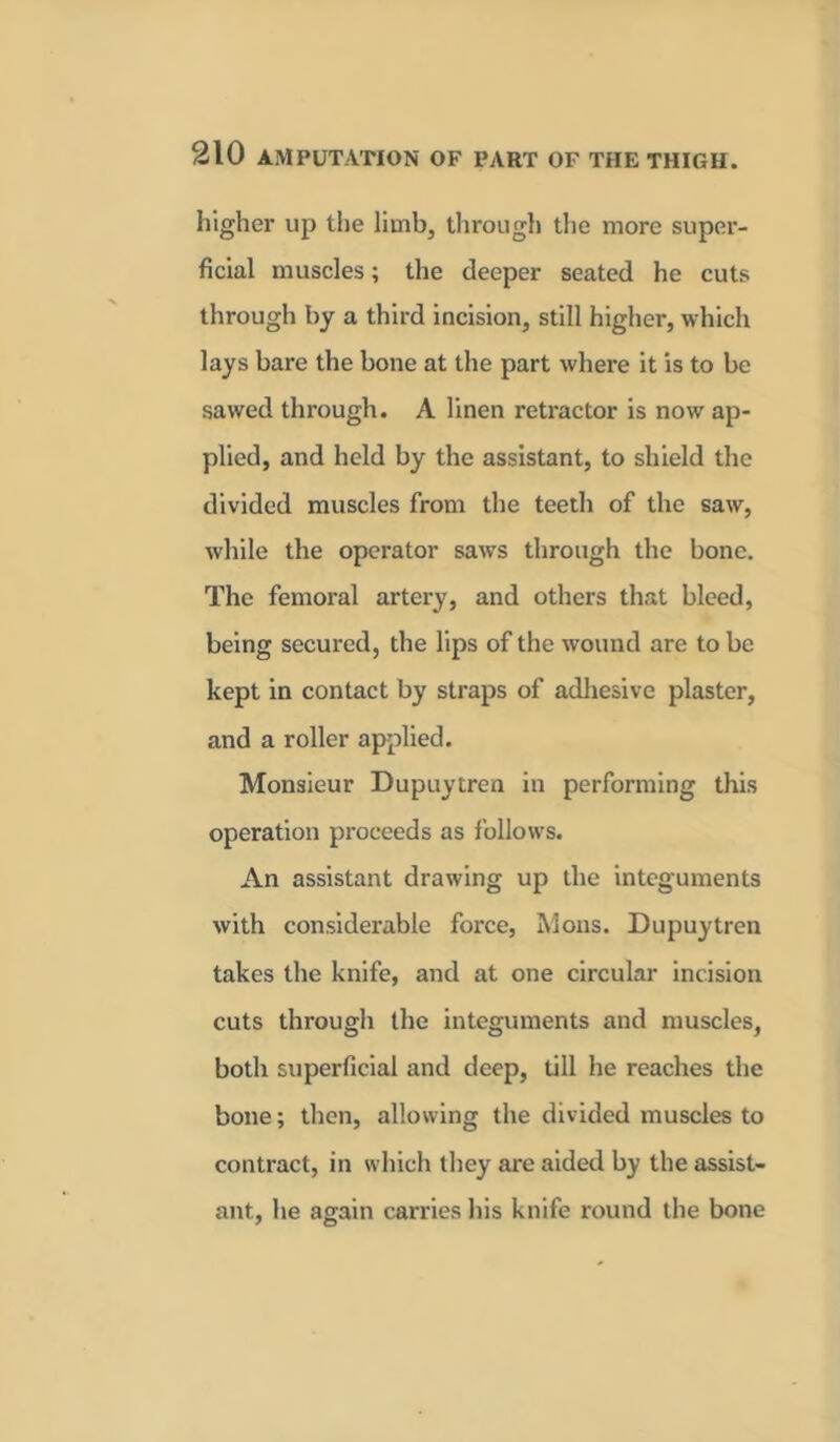 higher up the limb, through the more super- ficial muscles; the deeper seated he cuts through by a third incision, still higher, which lays bare the bone at the part where it is to be sawed through. A linen retractor is now ap- plied, and held by the assistant, to shield the divided muscles from the teeth of the saw, while the operator saws through the bone. The femoral artery, and others that bleed, being secured, the lips of the wound are to be kept in contact by straps of adhesive plaster, and a roller applied. Monsieur Dupuytren in performing this operation proceeds as follows. An assistant drawing up the integuments with considerable force, Mons. Dupuytren takes the knife, and at one circular incision cuts through the integuments and muscles, both superficial and deep, till he reaches the bone; then, allowing the divided muscles to contract, in which they are aided by the assist- ant, he again carries his knife round the bone