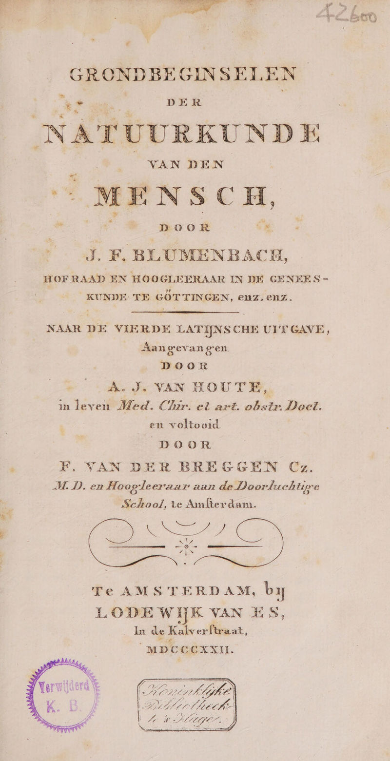 GRONDBEGINSELEN E Ë a DER NATUURKUNDE P VAN DEN ^ MENSCH, DOOR Ce J. F. BLUMENBACH, HOF RAAD EN HOOGLEERAAR IN DE GENEES - KUNDE TE GOT TINGEN, euz. enz. NAAR DE VIERDE LATIJNS CHE UITGAVE, Aan gevangen Door A. J. VAN HOUTE, in leven Med. Char. et art. aes: Doet. en voltooid DOOR F. VAN DER BREGGEN Cz M.D. eu Hoo gd eevaar aan de Doorfueh lire School ‚te Amlterdam. Te AMSTERDAM, by LODE WIJK VAN ES, m de Kalverftraat, MDCCCXXII. [3 ur L7 P S IA 1 rd 9 MAYO