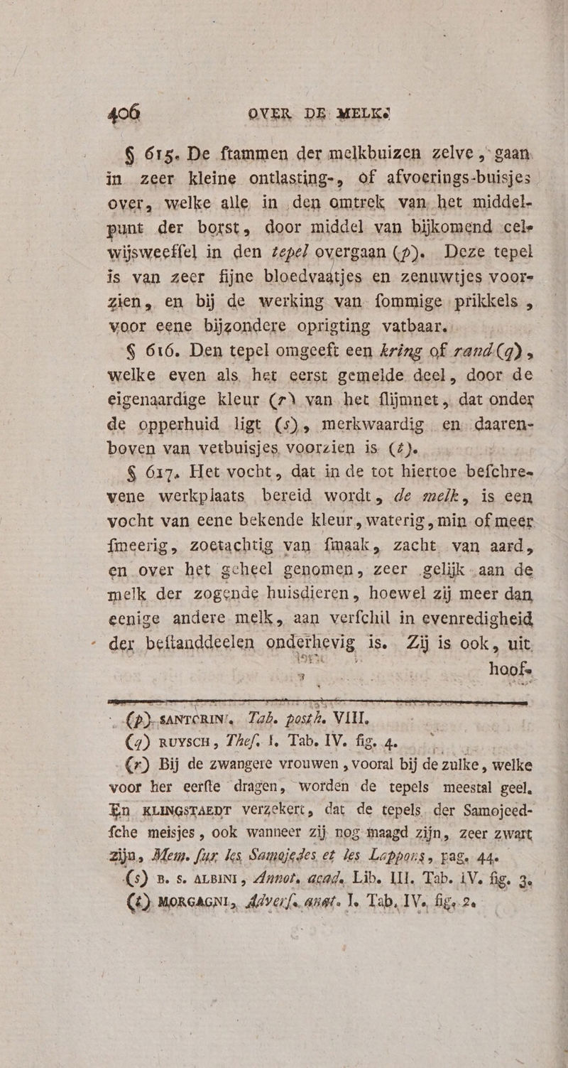6 615. De ftammen der melkbuizen zelve „gaan. in zeer kleine ontlasting-, of afvoerings-buisjes over, welke alle in „den omtrek van. het middel- punt der borst, door middel van bijkomend cele wijsweeffel in den zZepel overgaan (p). Deze tepel is van zeer fijne bloedvaatjes en zenuwtjes voors zien, en bij de werking van. (ommige prikkels , voor eene bijzondere oprigting vatbaar. S 616. Den tepel omgeeft een kring of rand (q) , „welke even als het eerst gemelde deel, door de eigenaardige kleur (7) van het flijmnet „ dat onder de opperhuid ligt (5), merkwaardig | en. daaren- boven van vetbuisjes voorzien is (4). | $ 617. Het vocht, dat in de tot hiertoe befchres vene werkplaats bereid wordt, de melk, is een vocht van eene bekende kleur, waterig „min of meer fmeerig, zoetachtig van fmaak, zacht van aard, en over het geheel genomen, zeer gelijk aan de elk der zogende huisdieren , hoewel zij meer dan he andere melk, aan verfchil in evenredigheid - der beftanddeelen onderhevig is. Zij is ook, uit dig DEAN. cud ... hoof . (p)-saNTCRIN Tab. posthe VIII. (4) nuvsch , TÀef. 1, Tab. IV. fig. 4. -(x) Bij de zwangere vrouwen , vooral bij de zulke, welke voor her eerfte dragen, worden de tepels meestal geel, En KLINGSTAEDT verzekert, dat de tepels. der Samojeed- fche meisjes , ook wanneer zij nog maagd zijn, zeer zwart zijn, Mem. fur Jes Samgjedes et les Lappous , Dag. 44. (5) B. s. ALBINI, Annot, acad. Lib. LII. Tab. iV. fig. 3. (£) MoRcAGNL, düvef. ane. Ie Tab, IV. fige. 2.
