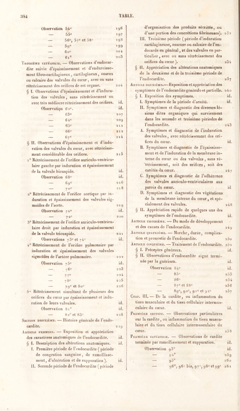 Observation 54e 196 — 55e 197 — 56e, 57e et 58e 1 98 — 5ge 1 99 — 60e 201 — 61e 2ü3 Troisième catégorie. —- Observations d’endocar- dite suivie d’épaississement et d’endurcisse- ment fibro-cartilagineux , cartilagineux, osseux ou calcaire des valvules du cœur , avec ou sans rétrécissement des orifices de cet organe. 204 § ï. Observations d’épaississement et d’indura- tion des valvules , sans rétrécissement ou avec très médiocre rétrécissement des orifices, id. Observatiçn 62e. id. — 63» 207 — 64e 209 — 65e 211 — 66e 212 — 67e • 2l4 § II. Observations d’épaississement et d’indu- ration des valvules du cœur, avec rétrécisse- ment considérable des orifices. 2i5 i° Rétrécissement de l’orifice auriculo-ventricu- laire gauche par induration et épaississement de la valvule bicuspide. id. Observation 68e id. — 69e 216 — 7 oe 218 Rétrécissement de l’orifice aortique par in- duration et épaississement des valvules sig- moïdes de l’aorte. 219 Observation 711*' id. — 72e 220 3° Rétrécissement de l’orifice auriculo-ventrieu- laire droit par induration et épaississement de la valvule tricuspide. 221 Observations 73e et 74e id. 4° Rétrécissement de l’orifice pulmonaire par induration et épaississement des valvules sigmoïdes de l’artère pulmonaire. 222 Observation 76e id. 76e 223 77e 724 78e 220 — 79e et 80e 226 5<> Rétrécissement simultané de plusieurs des orifices du cœur par épaississement et indu- ration de leurs valvules. id. Observation 81e id. — 82e et 83e 228 Section deuxième. — Histoire générale de l’endo- cardite. 229 Article premier. — Exposition et appréciation des caractères anatomiques de l’endocardite. id. § 1. Description des altérations anatomiques. id. I. Première période de l’endocardite ( période de congestion sanguine, de ramollisse- ment, d’ulcération et de suppuration). id. II. Seconde période de l’endocardite ( période d’organisation des produits sécrétés, ou d’une portion des concrétions fibrineuses). 232 III. Troisième période ( période d’induration cartilagineuse, osseuse ou calcaire de l’en- docarde en général, et des valvules en par- ticulier , avec ou sans rétrécissement des orifices du cœur ). 204 § II. Appréciation des altérations anatomiques de la deuxième et de la troisième période de l’endocardite. 237 Article deuxième.— Exposition et appréciation des symptômes de l’endocardite générale et partielle. 24o § 1. Exposition des symptômes. id. I. Symptômes de la période d’acuité. id. II. Symptômes et diagnostic des diverses lé- sions dites organiques qui surviennent dans les seconde et troisième périodes de l’endocardite. 2 43 A. Symptômes et diagnostic de l’induration des valvules , avec rétrécissement des ori- fices du cœur. id. B. Symptômes et diagnostic de l’épaississe- ment et de l’induration de la membrane in- terne du cœur ou des valvules , sans ré- trécissement, soit des orifices, soit des cavités du cœur. 247 G, Symptômes et diagnostic de l’adhérence des valvules auriculo-ventriculaires aux parois du cœur. id D. Symptômes et diagnostic des végétations de la membrane interne du cœur , et spé- cialement des valvules. 2 48 § II. Appréciation rapide de quelques uns des symptômes de l’endocardite. id. Article troisième. — Du mode de développement et des causes de l’endocardite. 249 Article quatrième. — Marche, durée, complica- tion et pronostic de l’endocardite. 2Ôo Article cinquième. — Traitement de l’endocardite. 201 § I. Préceptes généraux. id. § II. Observations d’endocardite aiguë termi- née par la guérison. id. Observation 84e id. — 85e 205 — 86e 204 — 87e et 88e 256 — 89e, 90e, 91e et 92e 2Ôj Chap. III. — De la eardite, ou inflammation du tissu musculaire et du tissu cellulaire intermus- culaire du cœur. id. Première section. — Observations particulières sur la eardite , ou inflammation du tissu muscu- laire et du tissu cellulaire intermusculaire du cœur. 25 8 Première catégorie. — Observations de eardite terminée par ramollissement et suppuration. id. Observation 93e id. — 94e üôg , — 95tt 260 — 96e, 96^ bis, 97e, 98e et 99? 261 «