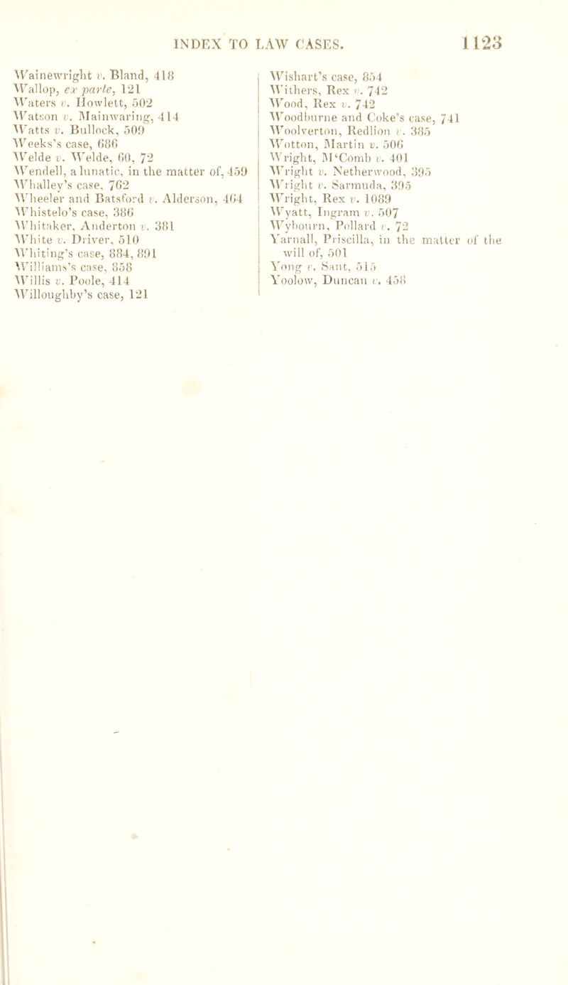 Wainewright v. Bland, 418 Wallop, ex parte, 121 W aters v. Ilowlett, 002 Watson v. Mainwaring, 414 Watts v. Bullock, 500 Weeks’s case, 686 Welde v. Welde, 00, 72 Wendell, a lunatic, in the matter of, 450 Whalley’s case, 762 Wheeler and Batsford v. Alderson, 464 Whistelo’s case, 386 \YTii taker, Anderton v. 381 White v. Driver, 510 Whiting’s case, 884, 801 Williams’s case, 858 Willis v. Poole, 414 Willoughby’s case, 121 j Wishart’s case, 854 Withers, Rex v. 742 Wood, Rex v. 742 Woodbnrne and Coke’s case, 741 j Woolverton, Redlion v. 385 Wotton, Martin v. 506 Wright, 1M‘Combi;. 401 Wright v. Nethenvood, 395 I Wright v. Sarmuda, 395 Wright, Rex v. 1089 Wyatt, Ingram v. 507 Wybourn, Pollard v. 72 Yarnall, Priscilla, in the matter of the will of, 501 Yong v. Sant, 515 Yoolow, Duncan v. 458