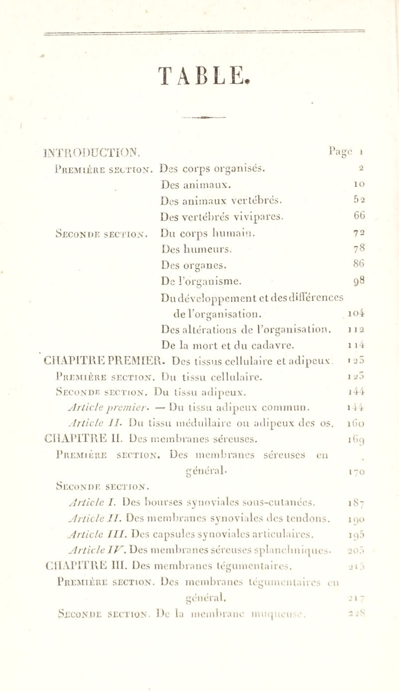 TABLE. INTRODUCTION. Page i Première section. Des corps organisés. 2 Des animaux. 10 Des animaux vertébrés. 52 Des vertébrés vivipares. 66 Seconde section. Du corps humain. 72 Des humeurs. 78 Des organes. 86 De l’organisme. 98 Du développement et des différences de l’organisation. ioi Des altérations de l’organisation. 112 De la mort et du cadavre. 1 i4 CHAPITRE PREMIER. Des tissus cellulaire et adipeux. 120 Première section. Du tissu cellulaire. 120 Seconde section. Du tissu adipeux. i44 Article premier. — Du tissu adipeux commun. i4i- Article Jl. Du tissu médullaire ou adipeux des os. 160 CHAPITRE II. Dos membranes séreuses. 169 Première section. Des membranes séreuses en général- 170 Seconde section. Article I. Des bourses synoviales sous-cutanées. 187 Article II. Des membranes synoviales îles tendons. 1 qo Article £11. Des capsules synoviales articulaires. n)5 Article II. Des membranes séreuses splanchniques* 20à CHAPITRE III. Des meml mines tégumentaires. ji 1 Première section. Des membranes tégument.aies en général. 217 Seconde section. De la membrane muqueuse.
