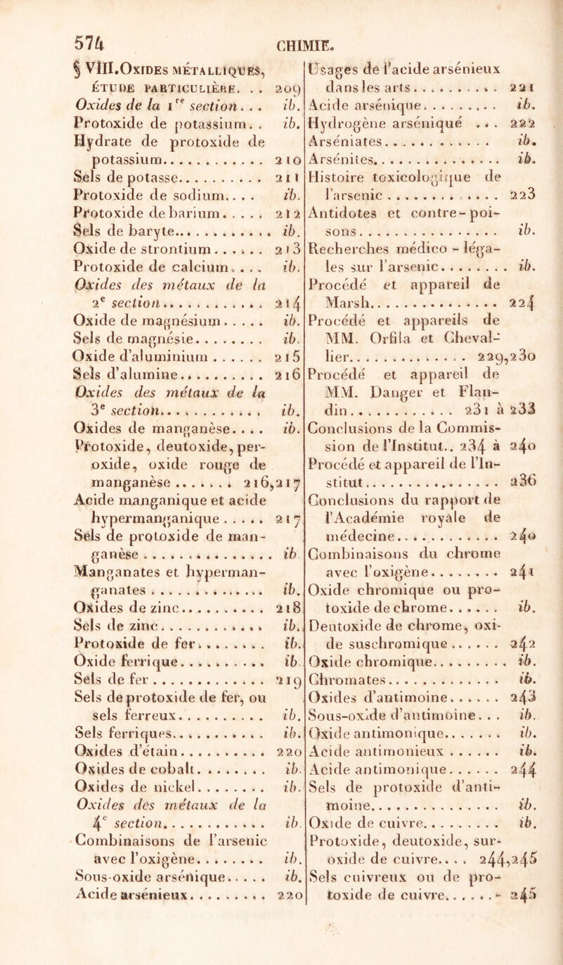 § VÎII.OXFDES MÉTALLIQUES, ÉTUDE TARTICULIÈRE. . . 209 Oxides de la section. . . ib. Protoxide de potassium. . ih. Hydrate de protoxide de potassium 210 Sels de potasse 2 11 Protoxide de sodium.. . . ib. Protoxide de barium 212 Sels de baryte . ib. Oxide de strontium...... 2 13 Protoxide de calcium. . . . ib. Oxides des métaux de la 9.^ section 2ï4 Oxide de majjnésium ib. Sels de rna^^nésie ib. Oxide d’aluminium 2 15 Seïs d’alumine 216 Oxides des métaux de la 3® section. ib. Oxides de manf;anèse.. .. ib. Protoxide, deutoxide,per- oxide, oxide roupie de manganèse * 216,217 Acide manganique et acide hypermanganique 217 Sels de protoxide de man- ganèse ib Manganates et byperman- ganates ib. Oîtides de zinc 218 Sels de zinc ib.> Protoxide de fer. ....... ib. Oxide ferrique. 16. Sels de fer 219 Sels de protoxide de fer, ou sels ferreux ib. Sels ferriques........... ib. 0.xides d’ètain 220 O.xides de cobalt ib. Oxides de nickel ib. Oxides des métaux de la 4*^ section ib. Combinaisons de l’arsenic avec l’oxigène ib. Sous-oxide arsénique ib. Acide arsénieux Usages de l’acide arsénieux dans les arts 221 Acide arsénique ib. Hyd rogène arsénique .. . 222 Arse'niates ib, Arsénites.. . . ib. Histoire toxicologique de l’arsenic 223 Antidotes et contre-poi- sons ib. Recherches raédico - léga- les sur l’arsenic ib. Procédé et appareil de Mars h 224 Procédé et appareils de AIM. Orfila et Cheval- lier 229,230 Procédé et appareil de AI-VI. Danger et Flan- din 231 à 233 Conclusions de la Commis- sion de l’Institut.. 234 ® ^4^^ Procédé et appareil de l’In- stitut 2 36 Conclusions du rapport de l’Académie royale de médecine 240 Combinaisons du chrome avec l’oxigène 241 Oxide chromicjue ou pro- toxide de chrome ib. Deutoxide de chrome, oxi- de suschromicpie 242 Oxide chromique ib. Chromâtes ib. Oxides d’antimoine...... 243 Sous-oxlde d’antimoine. . . ih. Oxide anlimonique ib. Acide antimonieux ib. Acide antimonique 244 Sels de protoxide d’anti- moine ib. Oxide de cuivre ib. Protoxide, deutoxide, sur- oxide de cuivre.. . . 244^^45 Sels cuivreux ou de pro- toxide de cuivre - a4-^ 220