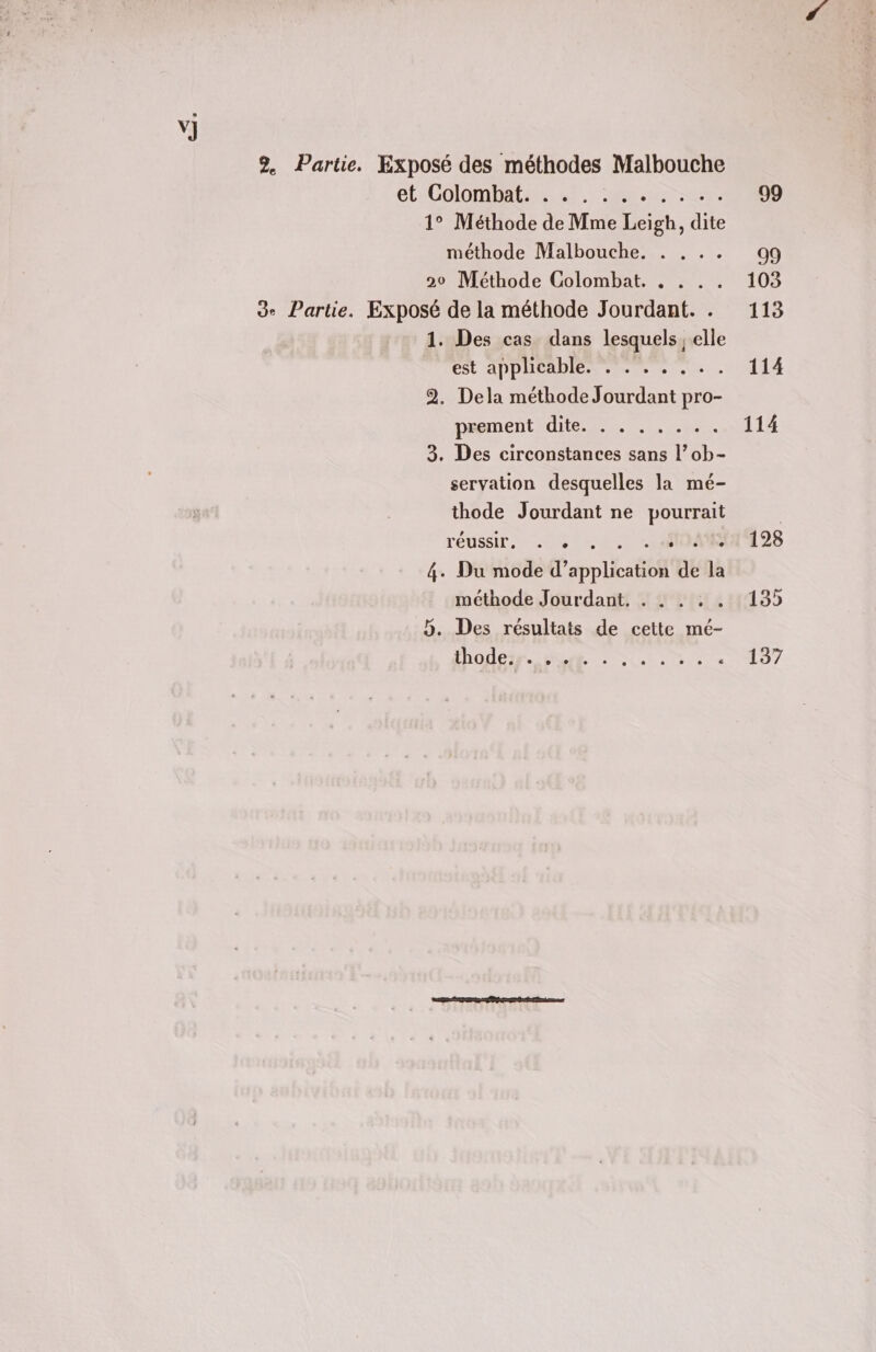 vJ 2 Partie. Exposé des méthodes Malbouche et-CDIOMPAUME 47. ALU GE 1° Méthode de Mme Leigh, dite méthode Malbouche. . . . . 20 Méthode Colombat. . . . . de Partie. Exposé de la méthode Jourdant. . 1. Des cas dans lesquels elle EST ADP PADIER ee eue à 2. Dela méthode Jourdant pro- nementRQUe De Te 70. 3. Des circonstances sans l’ob- servation desquelles la mé- thode Jourdant ne pourrait réussir, 2: °°. . 40MR 4. Du mode d’application de la méthode Jourdant. . . . . 5. Des résultats de cette mé- 99 fa 105 113 114