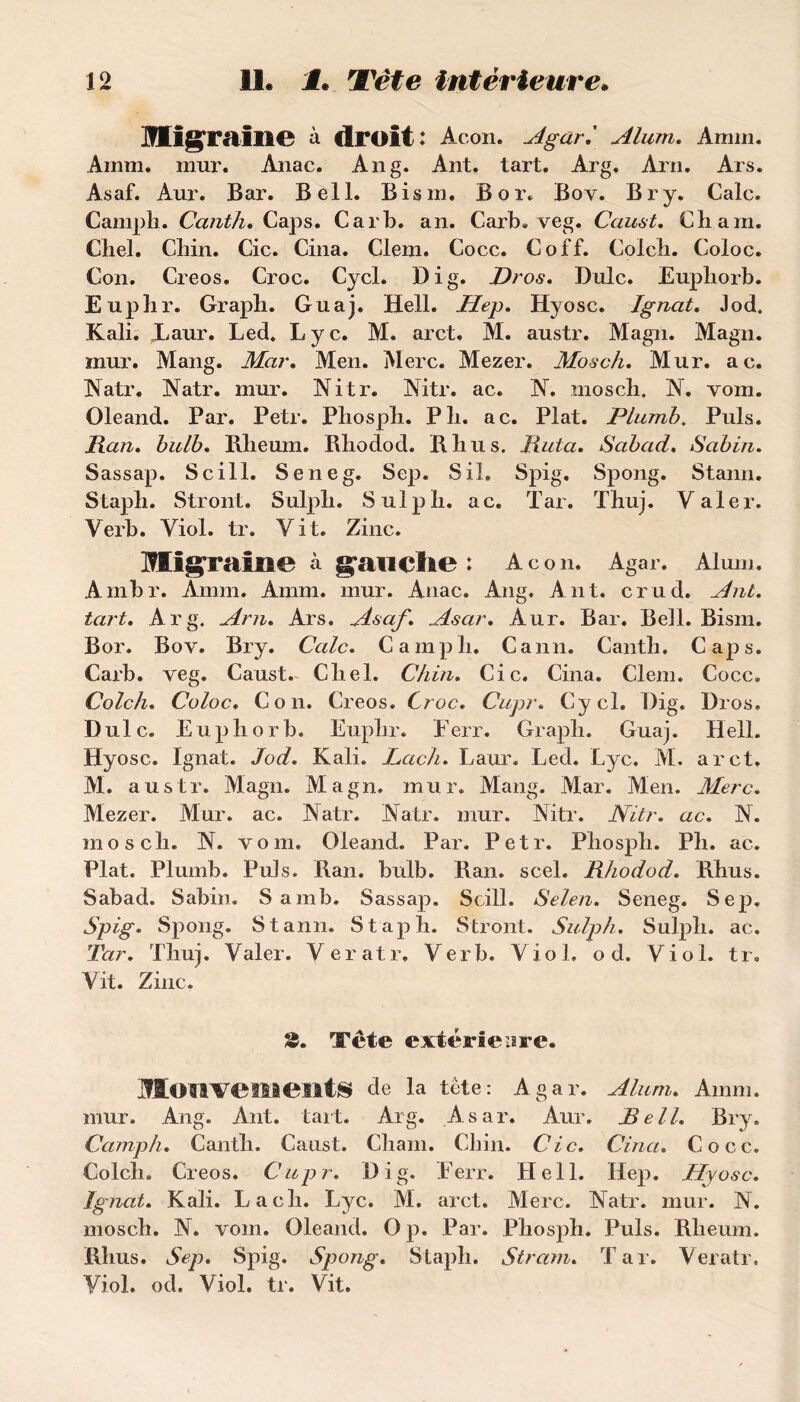 Migraine à droit: Acon. Agar.' Aluni, Amin. Amm. mur. Anac. An g. Ant. tart. Arg. Arn. Ars. Asaf. Aur. Bar. Bell. Bis ni. B or. Boy. Br y. Cale. C ampli. Canth. Caps. Car b. an. Carb. veg. Caust. Chain. Chel. Chin. Cic. Cina. Clem. Cocc. Coff. Colch. Coloc. Con. Creos. Croc. Cycl. Di g. Bros. Dulc. Euphorb. Euplir. Grapb. Guaj. Hell. Hep. Hyosc. Ignat, Jod. Kali. Laur. Led. Lyc. M. arct. M. austr. Magn. Magn. mur. Mang. Mar, Men. Merc. Mezer. Mon ch. Mur. ac. Natr. Natr. mur. Nitr. Mtr. ac. M mosch. N. vom. Oleand. Par. Petr. Pliosph. Pli. ac. Plat. Plumb. Puis. lian, bulb. Blieum. Bliodod. B lius. Buta. Sabad» Sabin. Sassap. Scill. Seneg. Sep. S il. Spig. Spong. Stann. Staph. Stront. Sulpïi. Sulph. ac. Tar. Thuj. V aler. Verb. Viol. tr. Vit. Zinc. Migraine à gau cite : Acon. Agar. Al uni. Ainbr. Amm. Amm. mur. Anac. Ang. Ant. crud. Ant. tart. Arg. Arn. Ars. Asaf. Asar. Aur. Bar. Bell. Bism. Bor. Bov. Bry. Cale. C ampli. Cann. Canth. Caps. Carb. veg. Caust. Cliel. Chin. Cic. Cina. Clem. Cocc. Colch. Coloc. Con. Creos. Croc. Cupr. Cycl. T)ig. Dros. Dulc. Eupliorb. Euphr. Eerr. Graph. Guaj. Hell. Hyosc. Ignat. Jod. Kali. Lach. Laur. Led. Lyc, M. arct. M. austr. Magn. Magn. mur. Mang. Mar. Men. Merc. Mezer. Mur. ac. Natr. Natr. mur. Mtr. Nitr. ac. N. mosch. N. yom. Oleand. Par. Petr. Phosph. Pli. ac. Plat. Plumb. Puis. Ban. bulb. Ban. scel. Rhodod. Pvhus. Sabad. Sabin. S amb. Sassap. Scill. Selen. Seneg. Sep. Spig. Spong. Stann. Staph. Stront. Sulph. Sulph. ac. Tar. Thuj. Valer. Veratr. Verb. Viol, o d. Viol. tr. Vit. Zinc. £. Tête extérieure. Mouvements de la tète: Agar. Aluni. Amm. mur. Ang. Ant. tait. Arg. Asar. Aur. Bell. Bry. Camp h. Canth. Caust. Cliam. Chin. Cic. Cina. Cocc. Colch. Creos. Cupr. Di g. Eerr. Hell. Hep. Hyosc. Ignat. Kali. Lach. Lyc. M. arct. Merc. Natr. mur. N. mosch. N. vom. Oleand. Op. Par. Phosph. Puis. Blieum. Bhus. Sep. Spig. Spong. Staph. Stram. Tar. Veratr, Viol. od. Viol. tr. Vit.