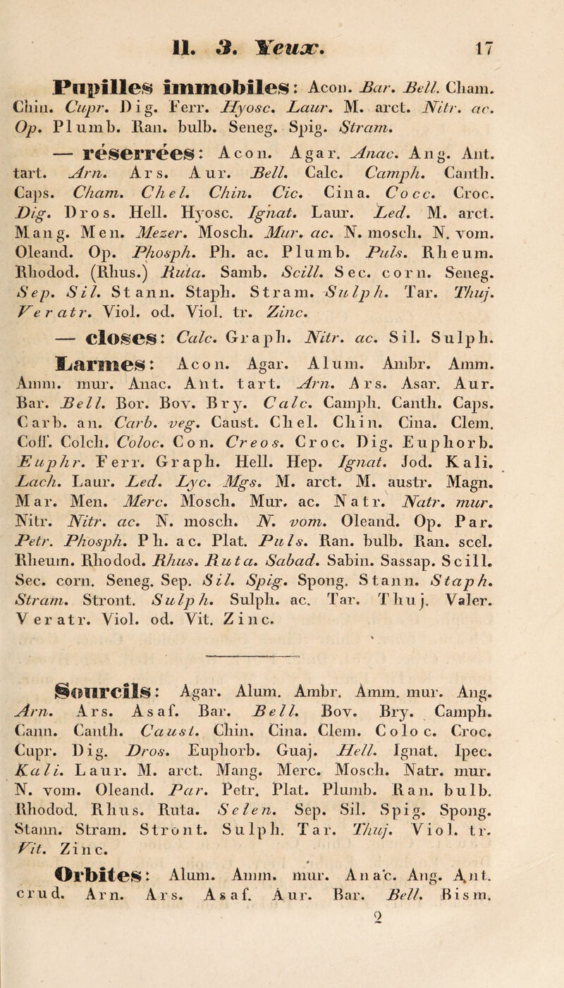 Pupilles immobiles: Acon. Bar. Bell. Chain. Chili. Cupr. B i g. Ferr. Hyosc. Laur. M. arct. Nitr. ac. Op. PI um b. Kan. bulb. Seneg. Spig. Stram. — réserrées : Acon. Agar. Anac. Ang. Ant. tart. Am. Ars. Aiir. Bell. Cale. Camplu Cantli. Caps. Cham. Chel. Chin. Cic. Cina. Cocc. Croc. Dig. Dro s. Hell. Hyosc. Ignat. Laur. Eed. M. arct. Man g. Me n. Mezer. Mosch. Mur. ac. N. moscli. N. vom. Oleand. Op. Phospli. Pli. ac. Plumb. Puis. Rheum. Rliodod. (Rlius.) Buta. Samb. Scill. Sec. corn. Seneg. Sep. SU. Stann. Stapli. S tram. Sulph. Tar. Thuj. Peratr. Viol. od. Viol. tr. Zinc. — closes : Cale. Grapli. Nitr. ac. S il. Sulph. Larmes : Acon. Agar. Aluni. Ambr. Amm. Amm. mur. Anac. A lit. tart. Arn. .Ars. Asar. Aur. Bar. Bell. Bor. Boy. Br y. Cale. Campli. Cantli. Caps. Carb. an. Car b. veg. Caust. Cliel. Cliin. Cina. Clem. Coif. Colch. Coloc. C o n. Creos. Croc. Dig. Euphorb. Euphr. Ferr. Graph. Hell. Hep. Ignat. Jod. K ali. Lach. Laur. Led. Lyc. Mgs. M. arct. M. austr. Magn. Mar. Men. Merc. Moscli. Mur. ac. Natr. Natr. mur. Nitr. Nitr. ac. N. mosch. N. vom. Oleand. Op. Par. Petr. Pfiosph. Pli. a c. Plat. Puis. Pian. bulb. Pian. scel. Rlieum. Piliodod. Bhus. Buta. Sabad. Sabin. Sassap. Scill. Sec. corn. Seneg. Sep. SU. Spig. Spong. Stann. Staph. Stram. Stront. Sulph. Sulph. ac. Tar. Thuj. Valer. V eratr. Viol. od. Vit. Zinc. Sonrcils : Agar. Aluni. Ambr. Amm. mur. Ang. Arn. Ars. Asaf. Bar. Bell. Bov. Bry. Camph. Cann. Cantli. Caust. Chin. Cina. Clem. Coloc. Croc. Cupr. Dig. Pros. Euphorb. Guaj. Hell. Ignat. Ipec. Kali. Laur. M. arct. Mang. Merc. Mosch. Natr. mur. N. vom. Oleand. Par. Petr. Plat. Plumb. R an. bulb. Rhodod. Rhus. Ruta. Selen. Sep. Sil. Spig. Spong. Staim. Stram. Stront. Sulph. Tar. Thuj. Viol. tr. Pit. Zinc. # Orbites: Aluni. Amm. mur. Anac. Ang. A.nt. crud. Arn. Ars. Asaf. Aur. Bar. Bell. Bism. 0