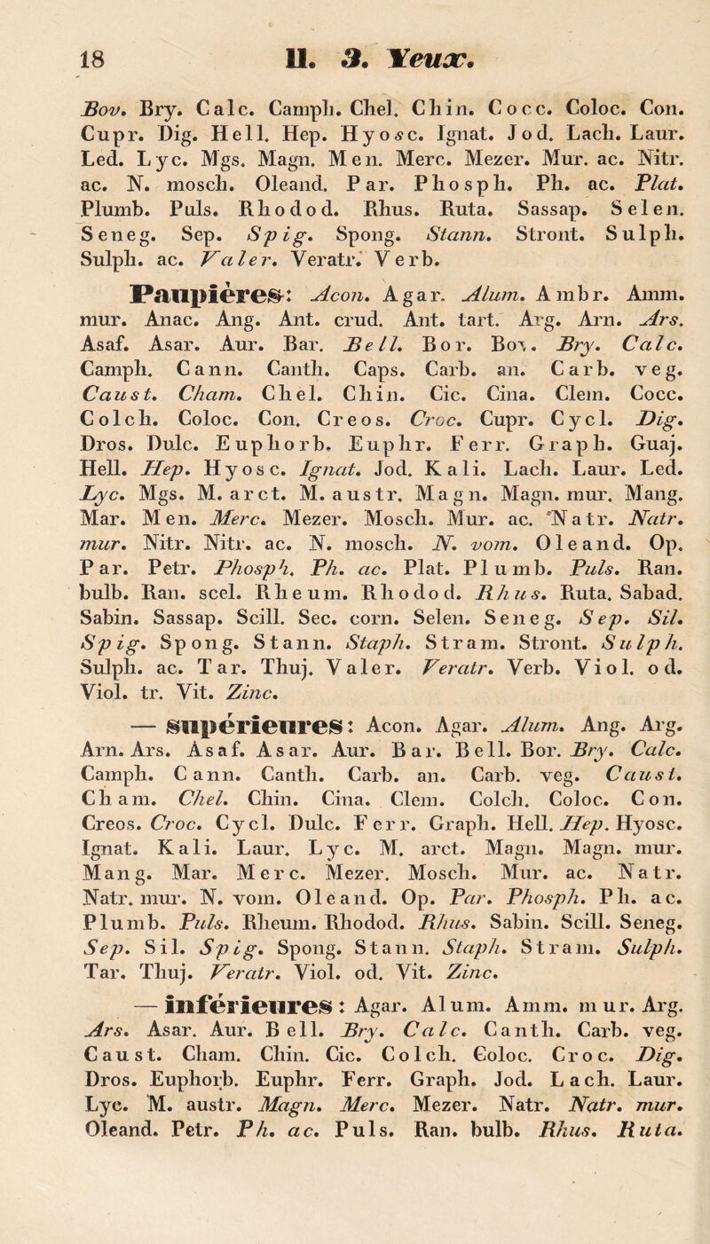 Bov. Bry. Cale. Caniph. Chel. Cliin. Cocc. Coloc. Cou. Cupr. Dig. Hell. Hep. Hyosc. Ignat. Jod. Lach. Laur. Led. Lyc. Mgs. Magn. Men. Merc. Mezer. Mur. ac. Mtr. ac. N. mosch. Oleand. Par. Pliosph. Ph. ac. Plat. Plumb. Puis. Rliodod. Rhus. Ruta. Sassap. Sel en. Seneg. Sep. Spig. Spong. Stann. Stront. Sulpli. Sulph. ac. Val€7\ Veratr. Verb. Paupières: Acon. Agar. Aluni, A mbr. Amm. mur. Anac. Ang. Ant. crud. Ant. tart. Arg. Arn. Ars. Asaf. Asar. Aur. Bar. Bell. B or. Bor. Biy. Cale. Campli. Cann. Canth. Caps. Carb. an. Car b. veg. Caust. Cham. Cliel. Cliin. Cic. Cina. Clem. Cocc. Colcli. Coloc. Con. Creos. Croc. Cupr. Cycl. Dig. Dros. Dulc. Euphorb» Euphr. F err. Grapli. Guaj. Hell. Hep, Hyosc. Ignat, Jod. K ali. Lacli. Laur. Led. Lyc, Mgs. M. arct. M. austr. Magn. Magn. mur. Mang. Mar. Men. Merc« Mezer. Mosch. Mur. ac. 'Natr. Ncttr. mur. Mtr. Mtr. ac. N. moscli. N, vom. O le an d. Op. Par. Petr. JPhosph, Ph. ac. Plat. Plumb. Puis. Ran. bulb. Ran. scel. R lie uni. Rliodod. B h us. Ruta. Sabad. Sabin. Sassap. Scill. Sec. corn. Selen. Seneg. Sep. SU. Spig. Spong. Stann. Staph. S tram. Stront. Sulph. Sulph. ac. Tar. Thuj. Valer. Veratr. Verb. Viol, o d. Viol. tr. Vit. Zinc. — supérieures : Acon. Agar. Alum. Ang. Arg. Arn. Ars. Asaf. Asar. Aur. Bar. Bell. Bor. Bry. Cale. Camph. Cann. Canth. Carb. an. Carb. veg. Caust. Cham. Chel. Chili. Cina. Clem. Colcli. Coloc. Con. Creos. Croc. Cycl. Dulc. F err. Graph. Hell. Hep. Hyosc. Ignat. K ali. Laur. Lyc. M. arct. Magn. Magn. mur. Mang. Mar. Merc. Mezer. Mosch. Mur. ac. Natr. Natr. mur. M vom. Oleand. Op. Par. Phosph. P h. ac. Plumb. Puis. Rlieum. Rhodod. Rhus. Sabin. Scill. Seneg. Sep. S il. Spig. Spong. Stann. Staph. S tram. Sulph. Tar. Thuj. Veratr. Viol. od. Vit. Zinc. — inférieures î Agar. Aluni. Amm. mur. Arg. Ars. Asar. Aur. Bell. Bry. Cale. Canth. Carb. veg. Caust. Cham. Cliin. Cic. Col ch. Coloc. Croc. Dig• Dros. Euphorb. Euphr. Ferr. Graph. Jod. Lach. Laur. Lyc. M. austr. Magn. Merc. Mezer. Natr. Natr. mur. Oleand. Petr. P h. ac. Puis. Ran. bulb. Rhus. Ruta.