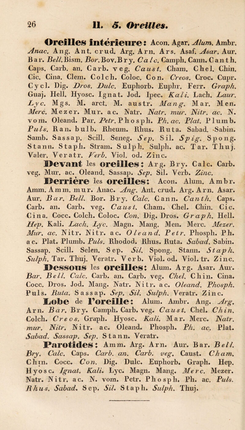 Oreille» Intérieure : Acon. Agar. Alum. Ambr. Anac. An g. Ant. crud, Arg. Am, Ars. Asaf. Asar, Aur, Bar. HÆBism. Hor.Bov.Bry. Cale. Camph, Cann. Gan th. Caps. Carb. an. Carb. yeg. Caust* Cham. Chel. Chin. Cic. Cina. Clem. Col ch. Coloc. Con. Creos, Croc. Cupr. Cycl. Dig. Dr os. Dulc. Euphorb. Euphr. Ferr. Graphe Guaj. Hell. Hyosc. Ignat. Jod. Ipec. Kali. Lach. Laur. Lyc. Mgs. M. arct. M. austr. Man g. Mar. Men. Merc. Mezer. Mur. ac. Natr. Natr. mur. Nitr. ac. N. vom. Oleand. Par. Petr. P h o s ph. P h. ac. Plat. Plumb. Puis. Ban. bulb. Bheuin. Bhus. B. ut a. Sabad. 'Sabin. Sainb. Sassaji. Scill. Seneg. Sep. S il. Splg. Spong. Stann. Staph. Stram. Sulpli. Sulph. ac. T ar. Thuj. Valer. Veratr. Verb. Viol. od. Zinc. Hevailt les oreille» t Arg. Br y. Cale. Carb. veg. Mur. ac. Oleand. Sassap. Sep. Sil. Verb. Zinc. Oerrlére les oreille»: Acon. Alum. Ambr. Ainm. A mm. mur. Anac. Ang. Ant. crud. Arg. Arn. Asar. Aur. Bar. Bell. Bor. Br y. Cale. Cann. Canth. Caps. Carb. an. Carb. veg. Caust. Cliam. Chel. Cliin. Cic. Cina. Cocc. Colch. Coloc. Con. Dig. Dros. Graph. Hell. Hep. Kali. Lach. Lyc. Magn. Mang. Men. Merc. Mezer. Mur. ac. Nitr. Nitr. ac. Oleand. Petr. Pliosph. P h. a c. Plat. Plumb. Puis. Bhodod. Bhus. Buta. Sabad. Sabin. Sassap. Scill. Selen. Sep. Sil. Spong. Stann. Staph. Sulph. Tar. Thuj. Veratr. Verb. Viol, od* Viol.tr. Zinc. l>e»»OII» les oreille»: Alum. Arg. Asar. Aur. Bar. Bell. Cale. Carb. an. Carb. veg. Chel. Ch in. Cina. Cocc. Dros. Jod. Mang. Natr. Nitr. ac. Oleand. Phosph. Puis. Buta. Sassap. Sep. Sil. Sulph. Veratr. Zinc. MiOlbe de l’oreille : Alum. Ambr. Ang. Arg. Arn. B ar. Br y. Camph. Carb. veg. C a u s t. Chel. Ch i n. Colch. Creos. Graph. Hyosc. Kali. Mar. Merc. Natr. mur. Nitr. Nitr. ac. Oleand. Phosph. P h. ac. Plat. Sabad. Sassap. Sep. Stann. Veratr. Parotide» : Amm. Arg. Arn. Aur. Bar. Bell. Bry. Cale. Caps. Carb. an. Carb. veg. Caust. Cham. Chtn. Cocc. Con. Dig. Dulc. Euphorb. Graph. Hep. Hyosc. Ignat. Kali. Lyc. Magn. Mang. Merc. Mezer. Natr. Nitr. ac. N. vom. Petr. Phosph. Ph. ac. Puis. Bhus. Sabad. Sep. SU, Staph. Sulph, Thuj.