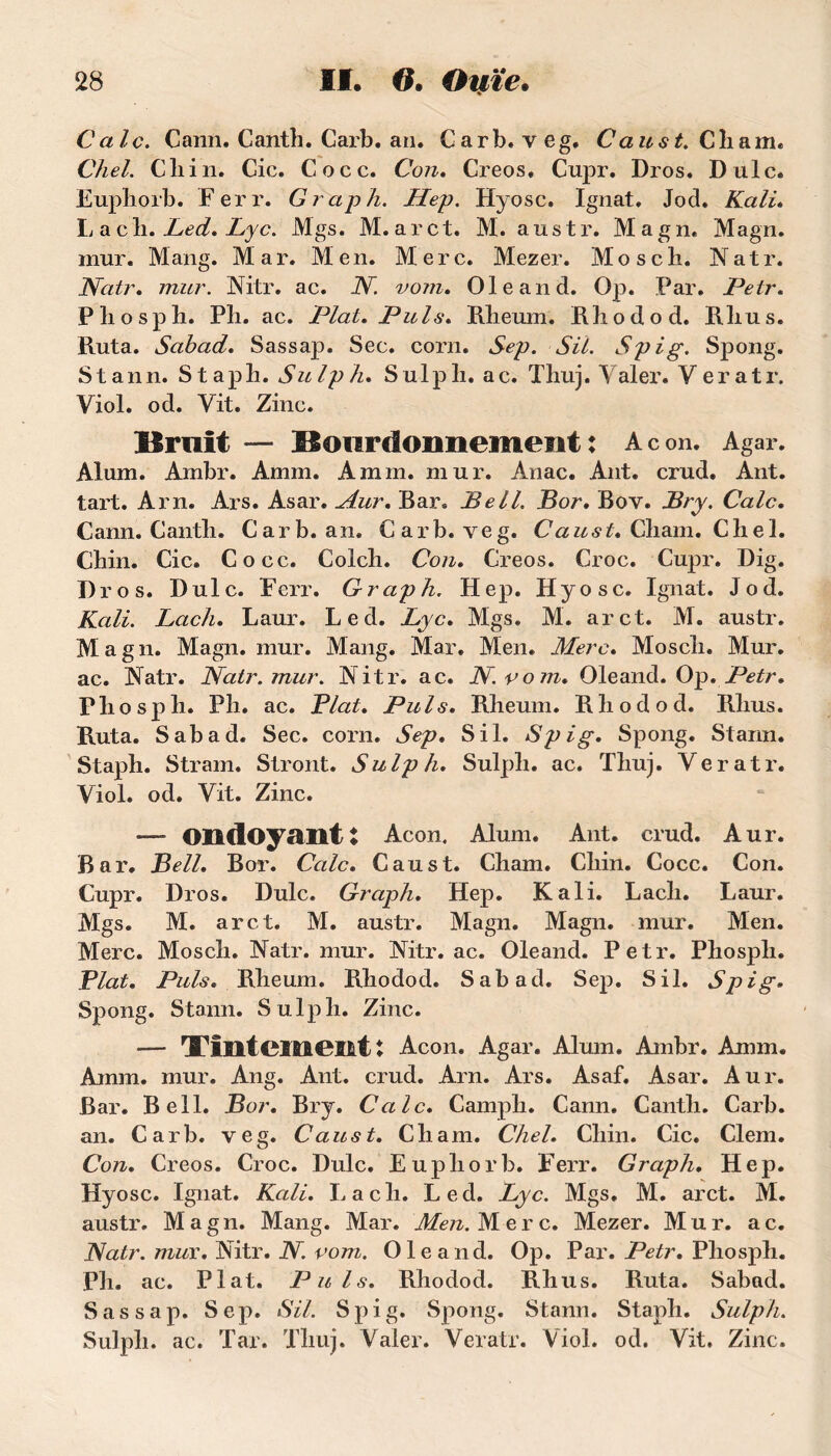 Cale. Cann. Canth. Carb. an. Car b. veg. C a us t. Chain* Chel. Cliin. Cic. Cocc. Con. Creos, Cupr. Dros. Dulc. Euphorb. Ferr. Graph. Hep. Hyosc. Ignat. Jod. Kali. La cli. Led. Lyc. Mgs. M. arct. M. austr. Magn. Magn. mur. Mang. Mar. Men. Merc. Mezer. Moscb. Natr. Natr. mur. Nitr. ac. N. vom. Ole and. Op. Par. JPetr. P lio sph. Pli. ac. Plat. Puis. Rheum. Rhodod. Rhus. Ruta. Sabad. Sassap. Sec. corn. Sep. Sil. Spig. Spong. Stann. Stapli. Sulph. Sulpli. ac. Tliuj. Yaler. Veratr. Viol. od. Vit. Zinc. lirait — Hoardoanemeiit : A con. Agar. Alum. Ambr. Amm. A mm. mur. Anac. Ant. crud. Ant. tart. Arn. Ars. Asar. Aur. Bar, Bell. Bor. Bov. Bry. Cale. Cann. Canth. Carb. an, Carb. veg. Caust. Chain. Chel. Chin. Cic. Cocc. Colch. Con. Creos. Croc. Cupr. Dig. Dros. Dulc. Ferr. Graph. Hep. Hyosc. Ignat. Jod. Kali. Bach. Laur. Led. Lyc. Mgs. M. arct. M. austr. Magn. Magn. mur. Mang. Mar. Men. Merc. Mosch, Mur. ac. Natr. Natr. mur. Nitr. ac. N. vom. Oleand. Op. Petr. Phosph. Ph. ac. Plat. Puis. Rheum. Rhodod. Rhus. Ruta. Sabad. Sec. corn. Sep. Sil. Spig. Spong. Stann. Staph. S tram. Stront. Sulph. Sulph. ac. Thuj. Veratr. Viol. od. Vit. Zinc. - ondoyant: Acon, Alum. Ant. crud. Aur. Bar. Bell. Bor. Cale. Caust. Cham. Chin. Cocc. Con. Cupr. Dros. Dulc. Graph. Hep. Kali. Lacli. Laur. Mgs. M. arct. M. austr. Magn. Magn. mur. Men. Merc. Mosch. Natr. mur. Nitr. ac. Oleand. Petr. Phosph. Plat. Puis. Rheum. Rhodod. Sabad. Sep. Sil. Spig. Spong. Stann. Sulph. Zinc. — Tintement: Acon. Agar. Alum. Ambr. Amm. Amm. mur. Ang. Ant. crud. Arn. Ars. Asaf. Asar. Aur. Bar. Bell. Bor. Bry. Cale. Camph. Cann. Canth. Carb. an. Carb. veg. Caust. Cham. Chel. Chin. Cic. Clem. Con. Creos. Croc. Dulc. Euphorb. Ferr. Graph. Hep. Hyosc. Ignat. Kali. Lacli. Led. Lyc. Mgs, M. arct. M. austr. Magn. Mang. Mar. Men. Merc. Mezer. Mur. ac. Natr. mur. Nitr. N. vom. Oleand. Op. Par. Petr. Phosph. Ph. ac. Plat. Puis. Rhodod. Rhus. Ruta. Sabad. Sassap. Sep. Sil. Spig. Spong. Stann. Staph. Sulph. Sulph. ac. Tar. Thuj. Valer. Veratr. Viol. od. Vit, Zinc.