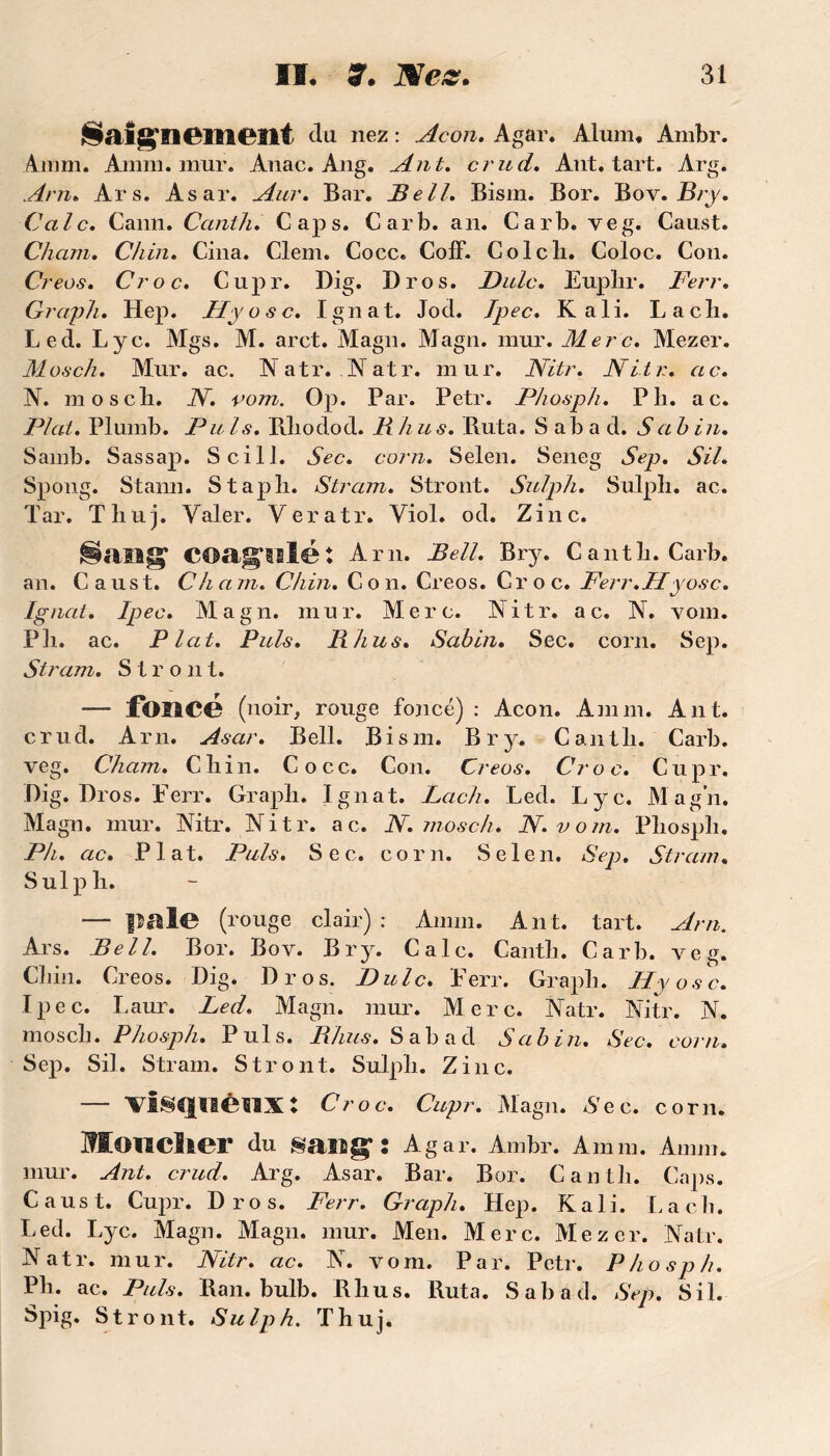 §aîgSI CMOit t du nez : Acon. Agar. Aluni, Ambr. Amm. Amm. mur. Anac. Ang. An b. cru ci* Ant. tart. Arg. Am* Ars. Asar. Aur. Bar. Bell. Bism. Bor. Bov. Bry. Cale. Cann. Ccinih. Caps. Car b. an. Carb. veg. Caust. Cham. Chin. Cina. Clem. Cocc. CofF. Colch. Coloc. Con. (?7 'eus. Croc. Cupr. Dig. Dr os. Pulc. Euplir. Ferr. Graph. Hep. .Z/yo-sc. Ignat. Jod. K ali. Lacli. Led. Lyc. Mgs. M. arct. Magn. Magn. mur. Merc. Mezer. Mon ch. Mur. ac. Natr. Natr. mur. Nitr. Nitr. ac. N. mosch. N. vom. Op. Par. Petr. Pliosph. Pli. ac. Plat. Pluinb. P u Is. Rhodod. R h u s. Ruta. S a b a d. Sa h in. Samb. Sassap. S ci 11. Sec. corn. Selen. Seneg Sep. SU. Spong. Stann. Stapli. Stram. Stront. Sulph. Sulpli. ac. Tar. Thuj. Yaler. Veratr. Viol. od. Zinc. (Sang coagulé: Arn. Bell. Bry. C ant b. Carb. an. Caust. Cham. Chili. Con. Creos. Croc. Ferr.H y ose. Ignat. Ipec. Magn. mur. Merc. Nitr. a c. N. vom. Pli. ac. Plat. Puis. R h us. Sabin. Sec. corn. Sep. Stram. Stront. — foncé (noir, rouge foncé) : Acon. Amm. Ant. crud. Arn. Asar. Bell. Bism. Bry. Cantli. Carb. veg. Cham. Chili. Cocc. Con. Creos. Croc. Cupr. Dig. Dros. Ferr. Graph. Ignat. Lacli. Led. Lyc. Magn. Magn. mur. Nitr. Nitr. ac. N. mosch. N. vom. Pliosph. Ph. ac. Plat. Puis. Sec. corn. Selen. Sep. Stram« Sulph. — pale (rouge clair) : Amm. Ant. tart. Arn. Ars. Bell. Bor. Bov. Bry. Cale. Cantli. Carb. veg. Chili. Creos. Dig. Dros. Pu le. Ferr. Graph. Hyosc. Ipec. Laur. Led. Magn. mur. Merc. Natr. Nitr. N. mosch. Pliosph. Puis. Rhus. Sabad Sabin. Sec. corn. Sep. Sil. Stram. Stront. Sulph. Zinc. — vl^qilèuxî Croc. Cupr. Magn. Nec. corn. Monclier du sang*: Agar. Ambr. Amm. Amm. mur. Ant. crud. Arg. Asar. Bar. Bor. Cantli. Caps. Caust. Cupr. Dros. Ferr. Graph. Hep. K ali. La ch. Led. Lyc. Magn. Magn. mur. Men. Merc. Mezer. Natr. Natr. mur. Nitr. ac. N. vom. Par. Petr. Pliosph. Ph. ac. Puis. Ban. bulb. Rlius. Ruta. Sabad. Sep. Sil. Spig. Stront. Sulph. Thuj.